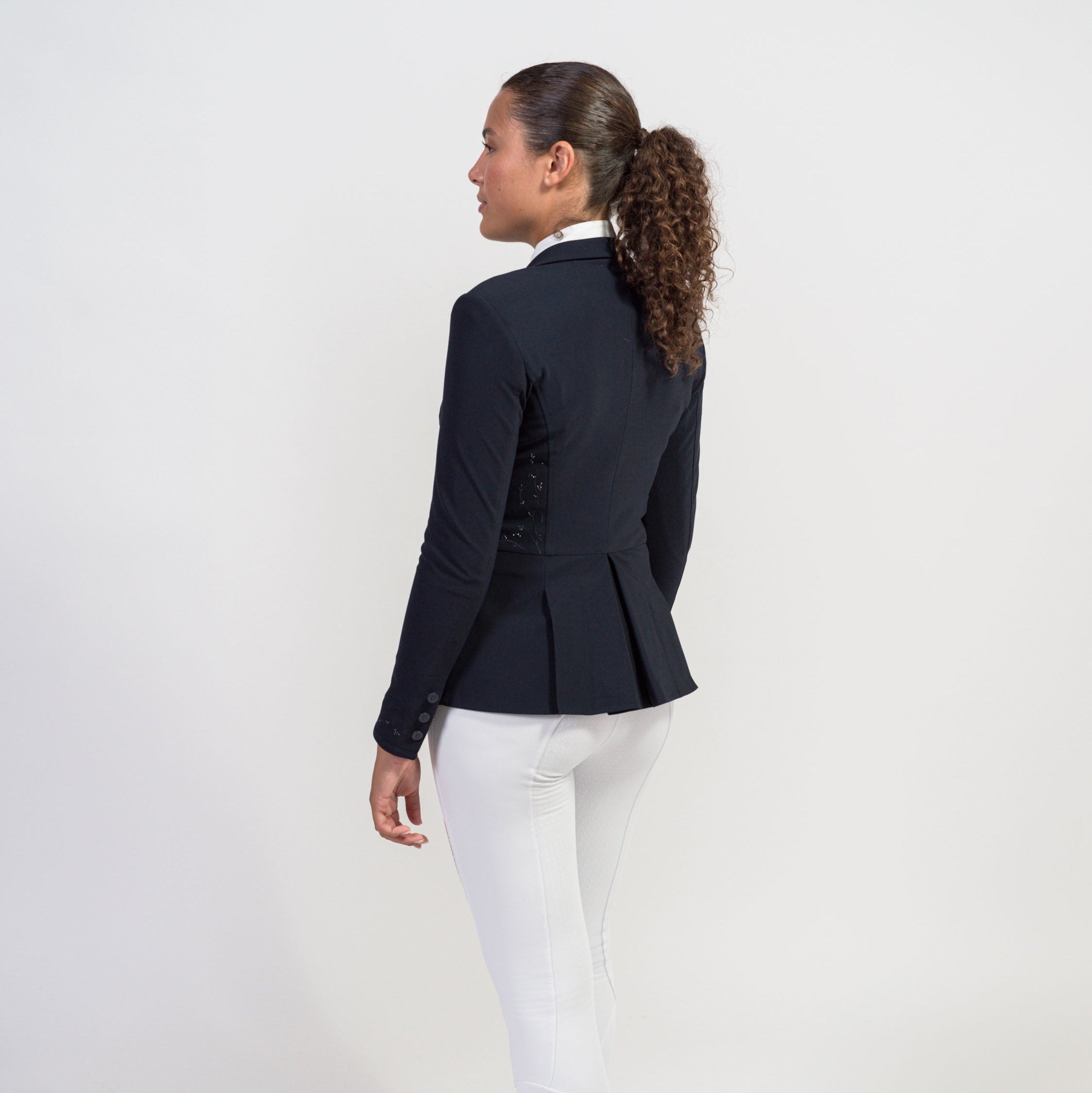 Samshield Ladies Victory Crystal Leaf navy show jacket with elegant leaf detailing and crystal accents, tailored fit for equestrian events.