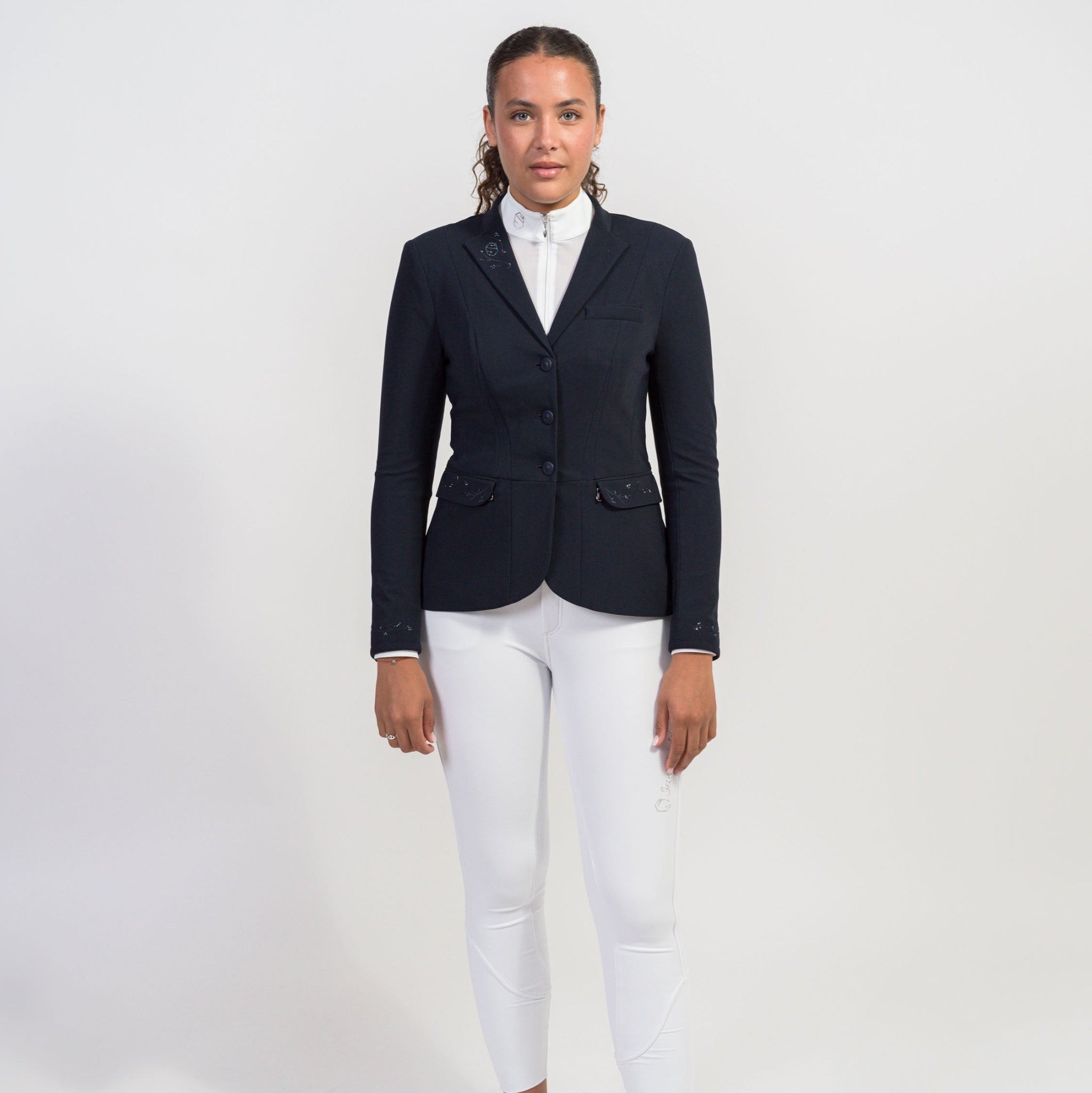 Samshield Ladies Victory Crystal Leaf show jacket in navy with crystal leaf embellishments, tailored for elegant equestrian style.