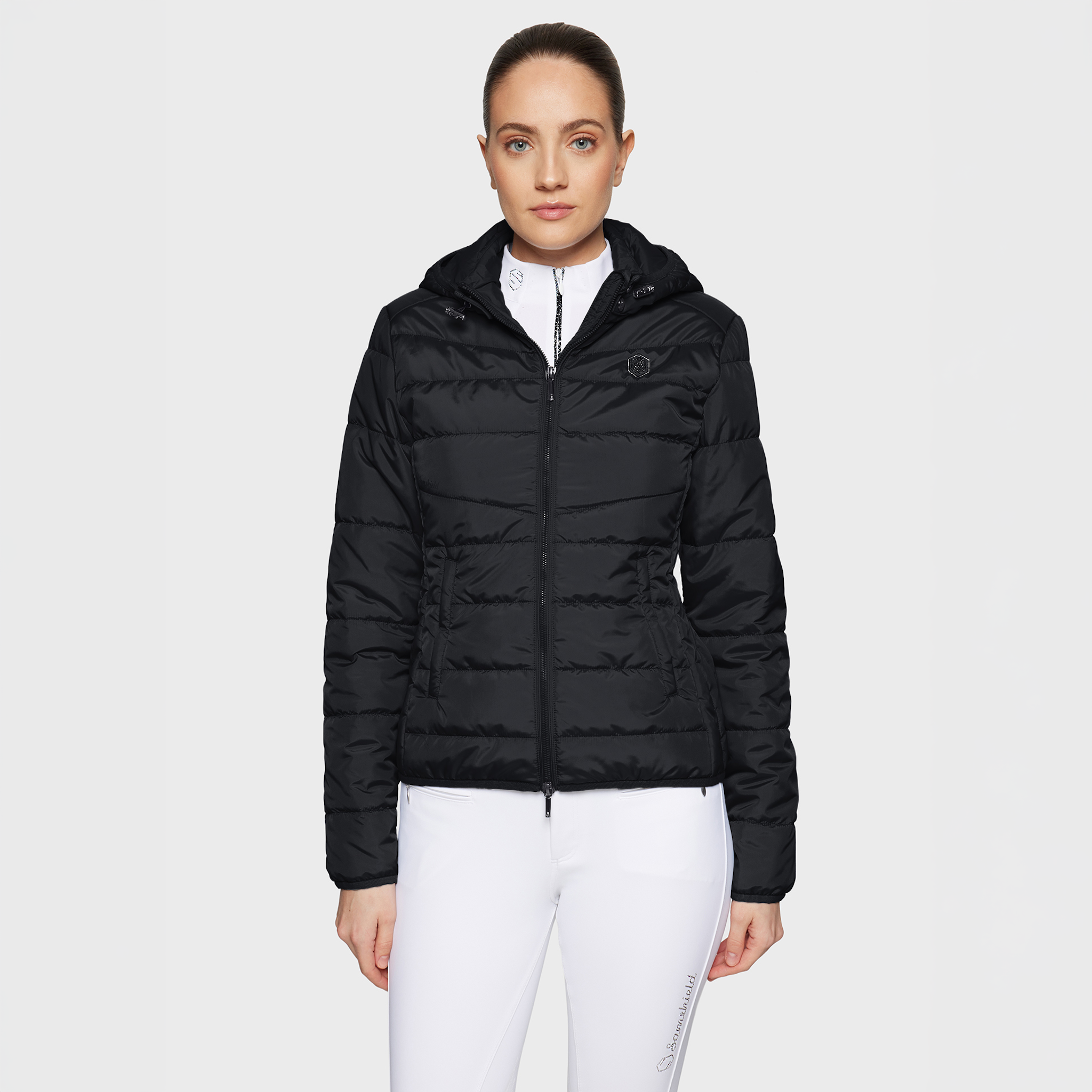 Black Samshield Ladies Davos puffer jacket with front zipper, cozy design, and stand-up collar, ideal for casual wear.