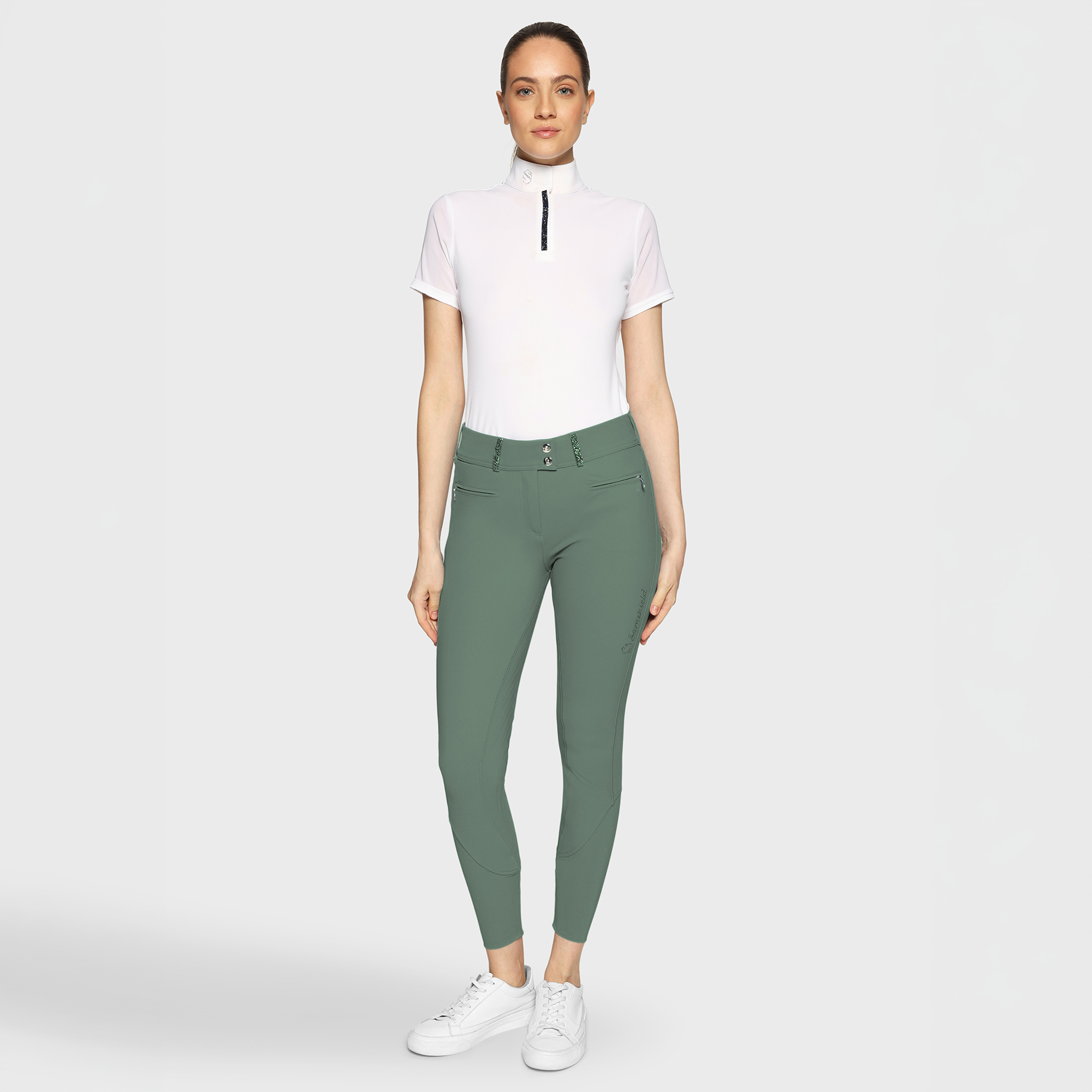 Samshield Ladies SS26 Clara Premium knee grip breeches in pistachio face fabric, designed for riding comfort and style.