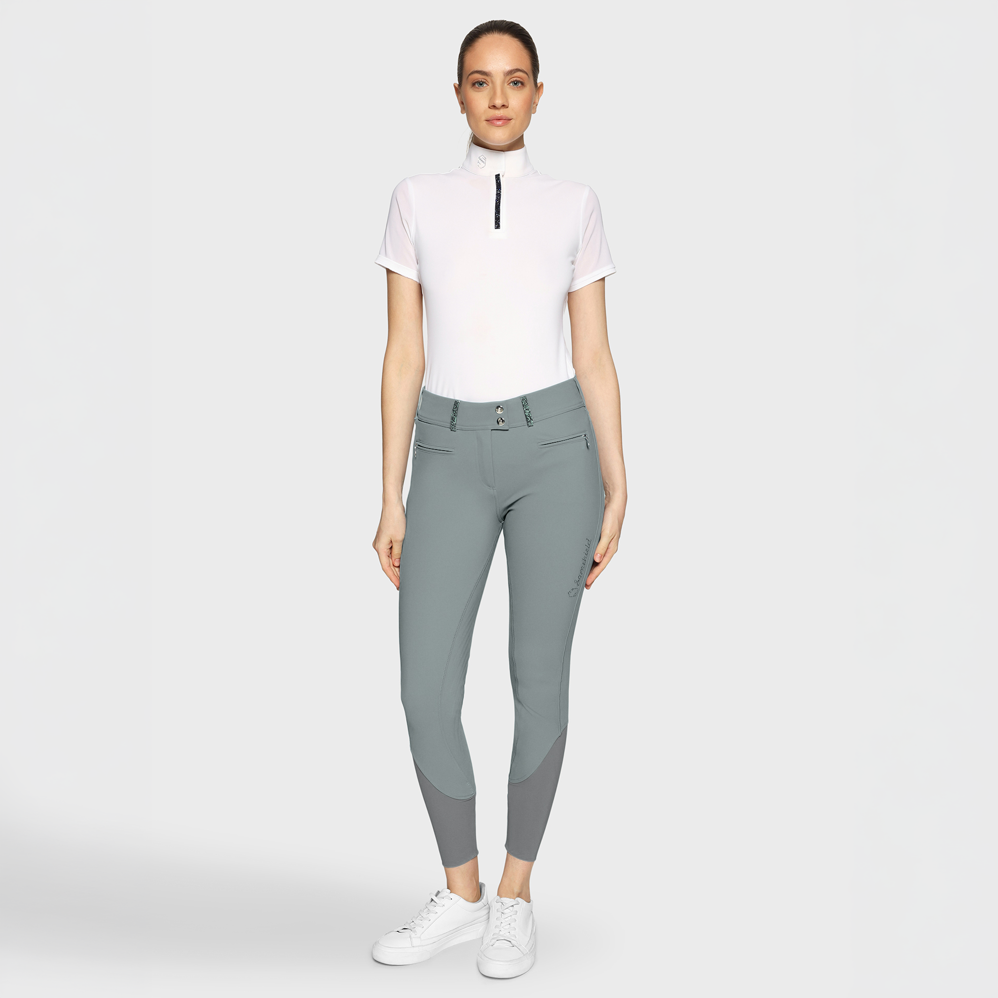 Samshield Ladies SS26 Clara Premium knee grip breeches in granite face fabric, designed for comfort and style in equestrian riding.