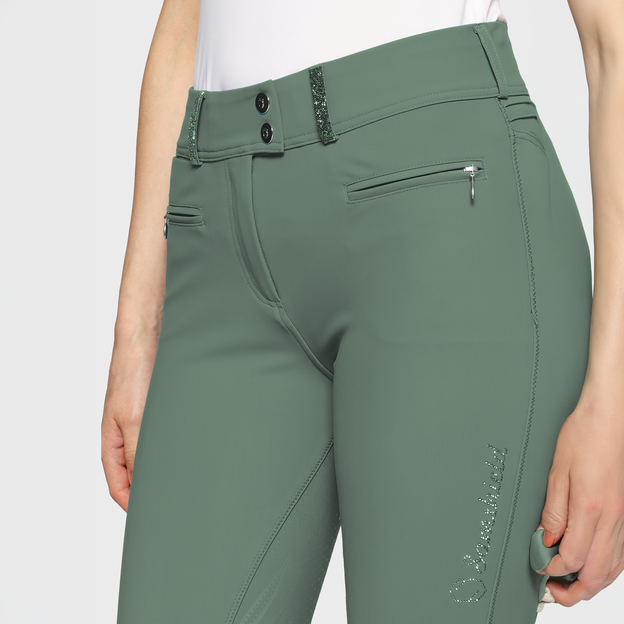 Samshield Ladies SS26 Clara Premium knee grip breeches in pistachio color with detailed stitching and knee patch design.