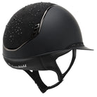 Samshield Miss Shield Shadowmatt 2.0 riding helmet with crystal bloom top, black chrome trim, and decorative blazon detail.