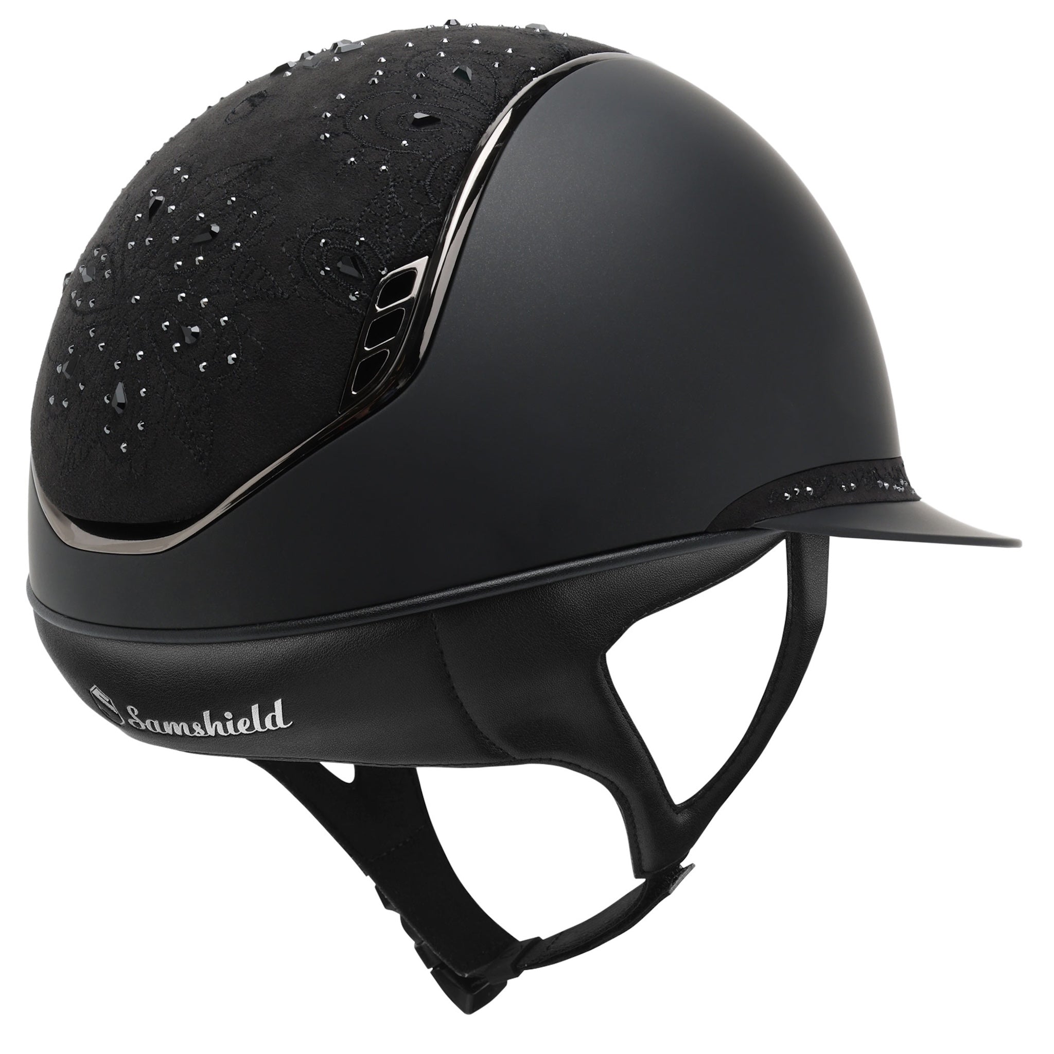 Samshield Miss Shield Shadowmatt 2.0 riding helmet with crystal bloom top, black chrome trim, and decorative blazon detail.