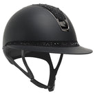 Samshield Miss Shield Shadowmatt 2.0 riding helmet with crystal bloom top, black chrome trim, and blazon details.