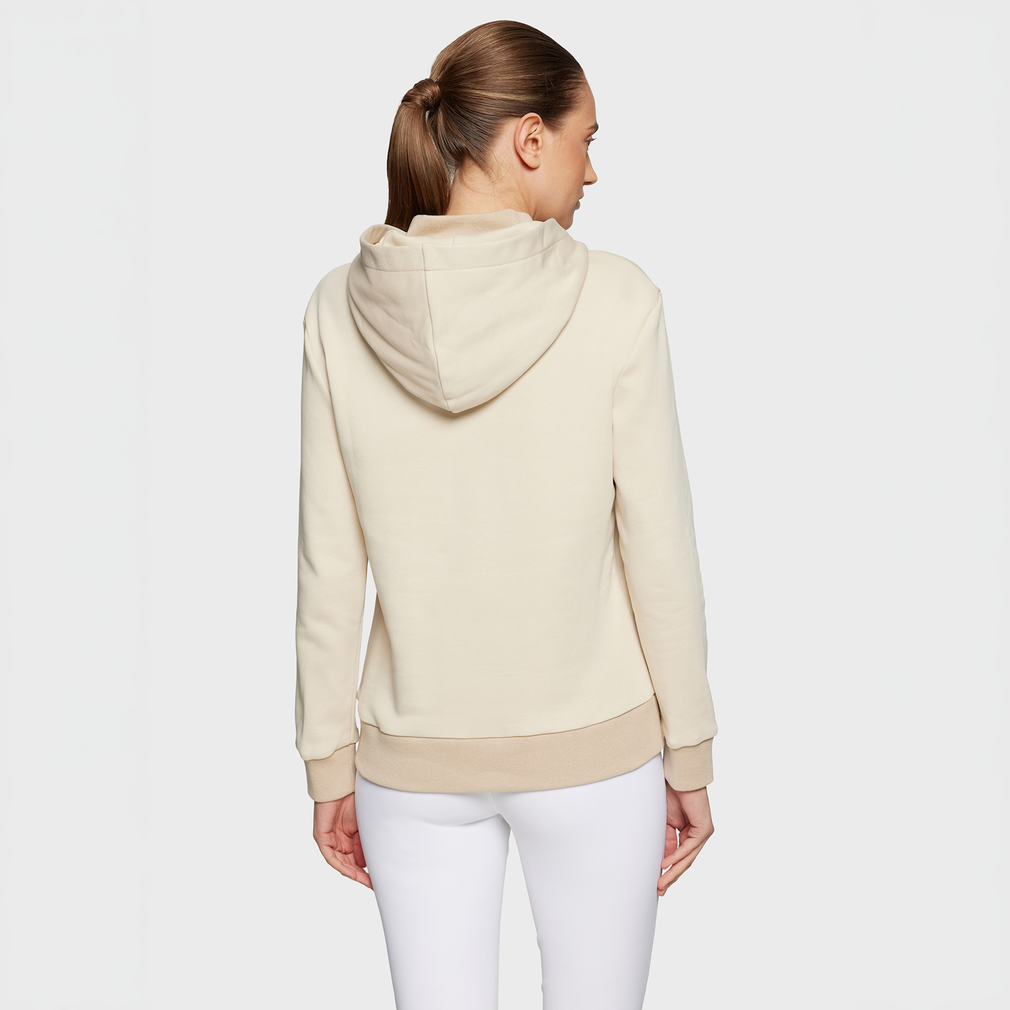 Beige Samshield Ladies SS26 Camilla hoodie with a relaxed fit, casual style, and front pocket.