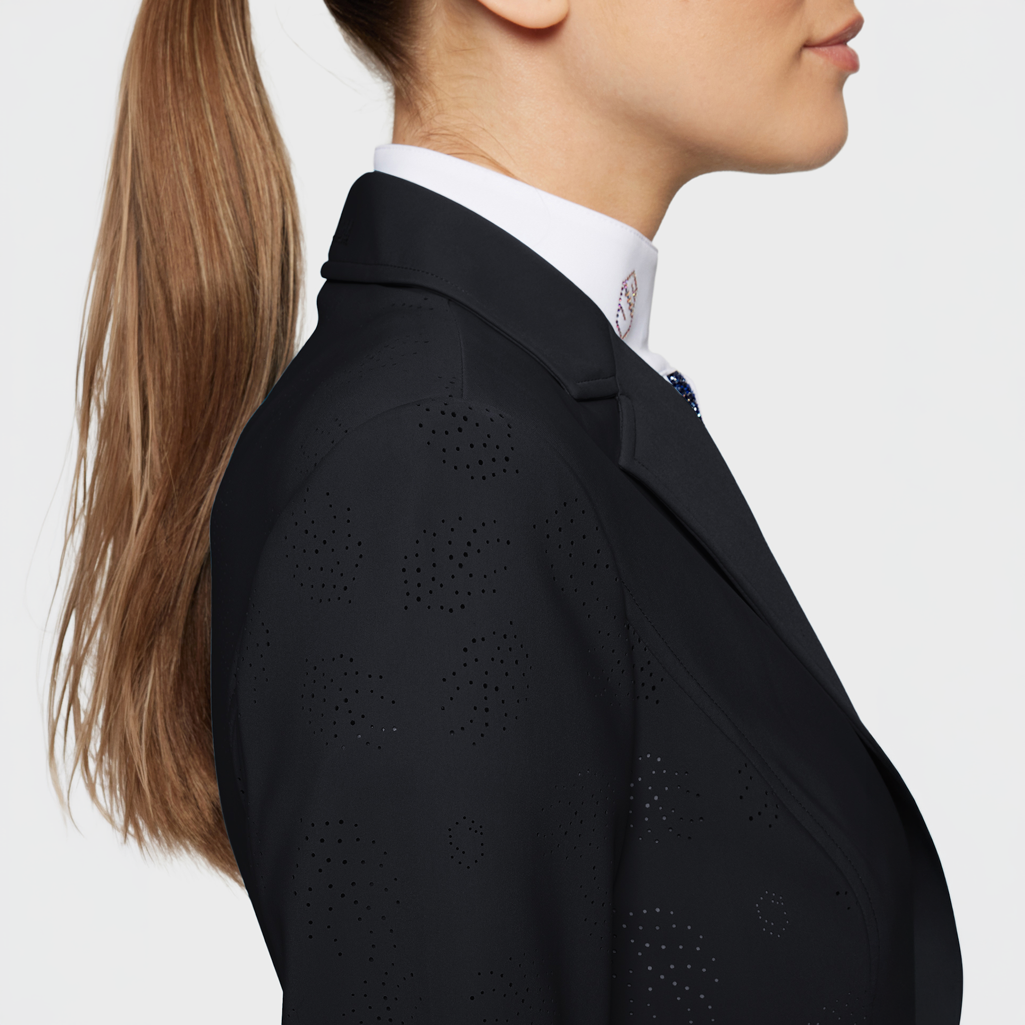 Samshield Ladies Alixair Leaf Show Jacket in black with detailed leaf embroidery, tailored fit for equestrian competitions.