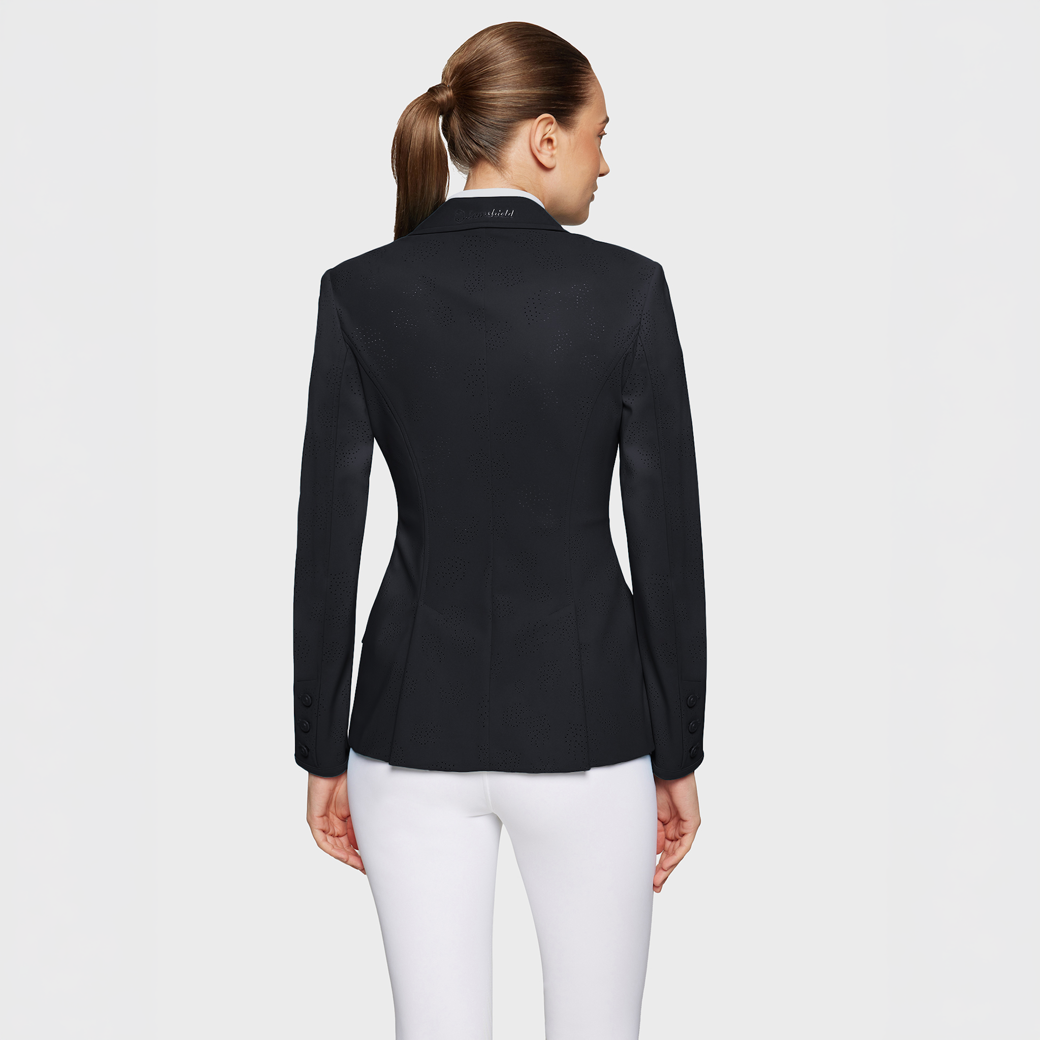 Black Samshield Ladies Alixair Leaf Show Jacket with elegant leaf embroidery and tailored fit for equestrian competitions.