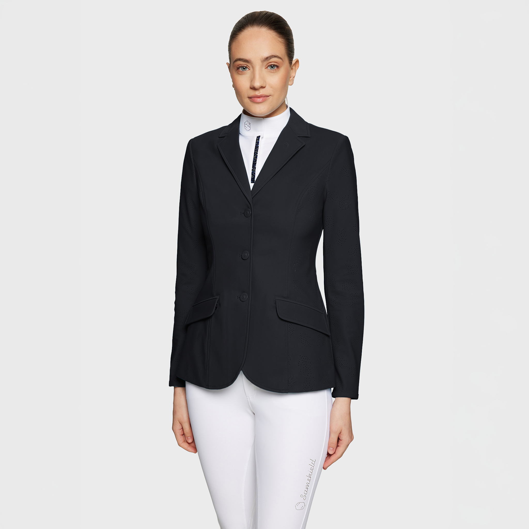 Samshield Ladies Alixair Leaf Black Show Jacket featuring a sleek design and decorative leaf details for equestrian competitions.