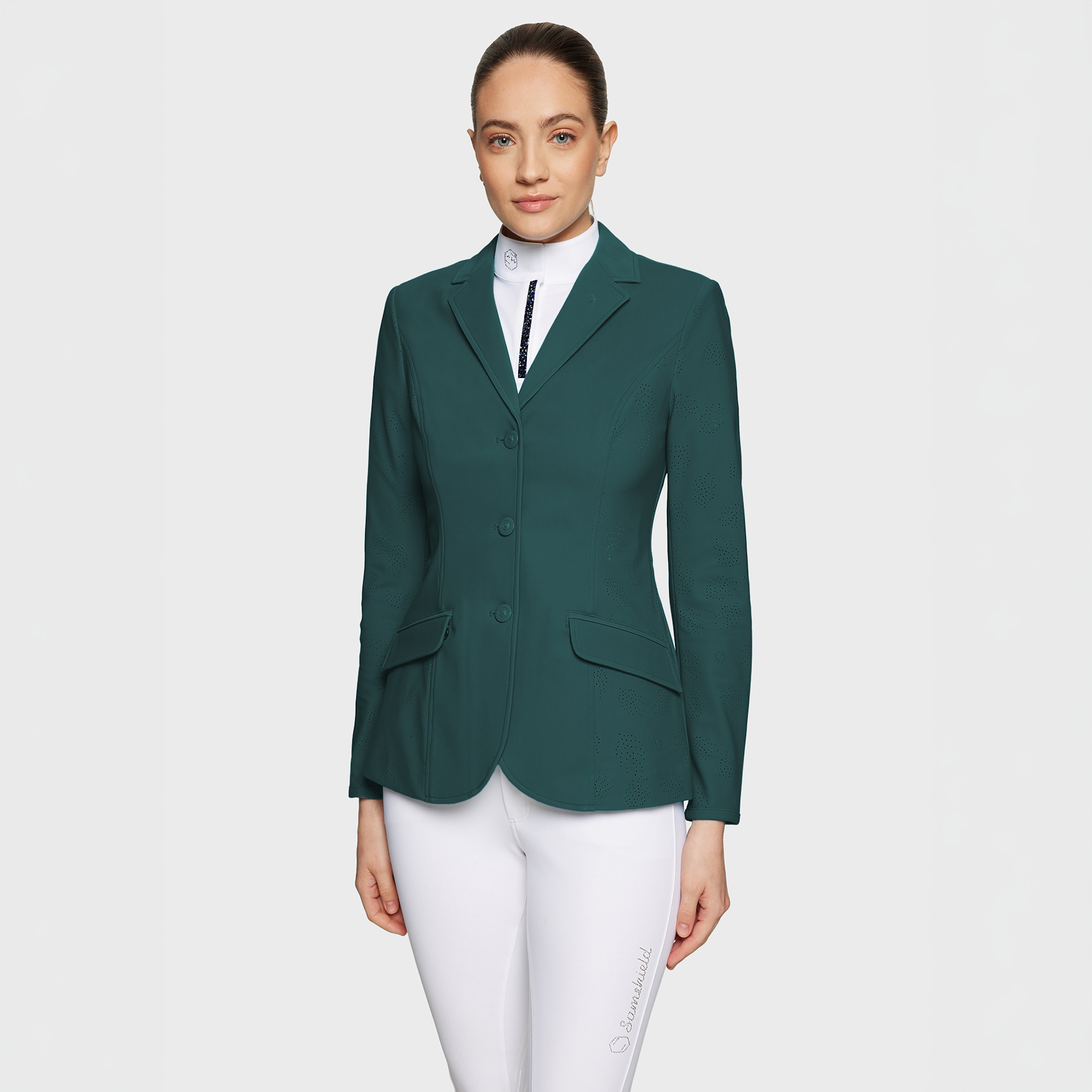 Samshield Ladies Alixair Leaf show jacket in hunter green, lightweight with leaf pattern, tailored for equestrian competitions.
