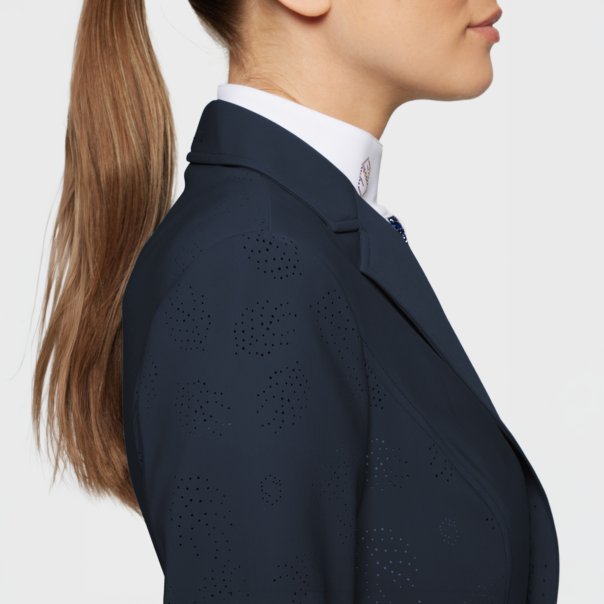 Samshield Ladies Alixair Leaf Show Jacket in navy with detailed leaf embroidery, tailored fit, and elegant design for equestrian events.