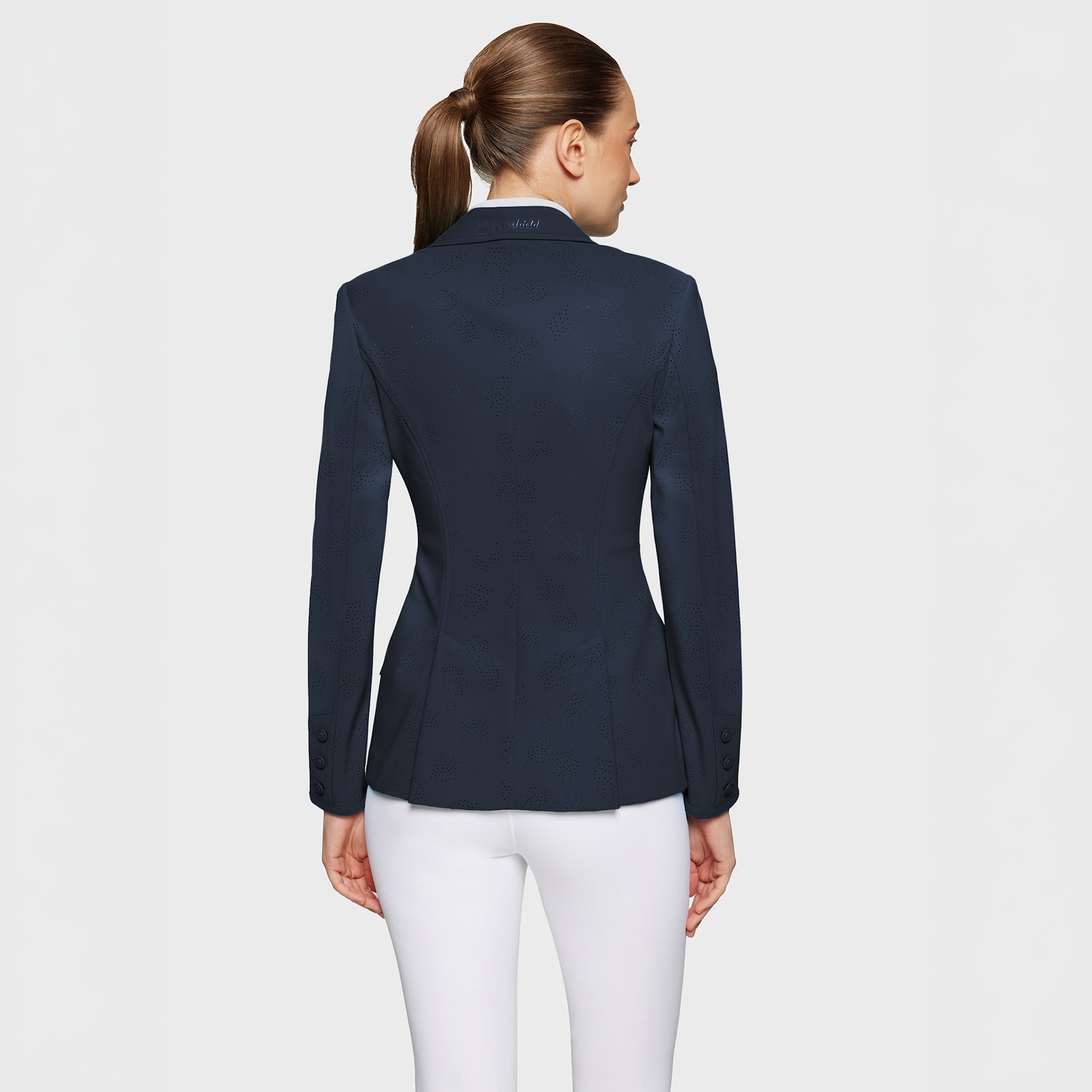 Samshield Ladies Alixair Leaf show jacket in navy with detailed leaf embroidery, tailored fit, and elegant design for equestrian events.
