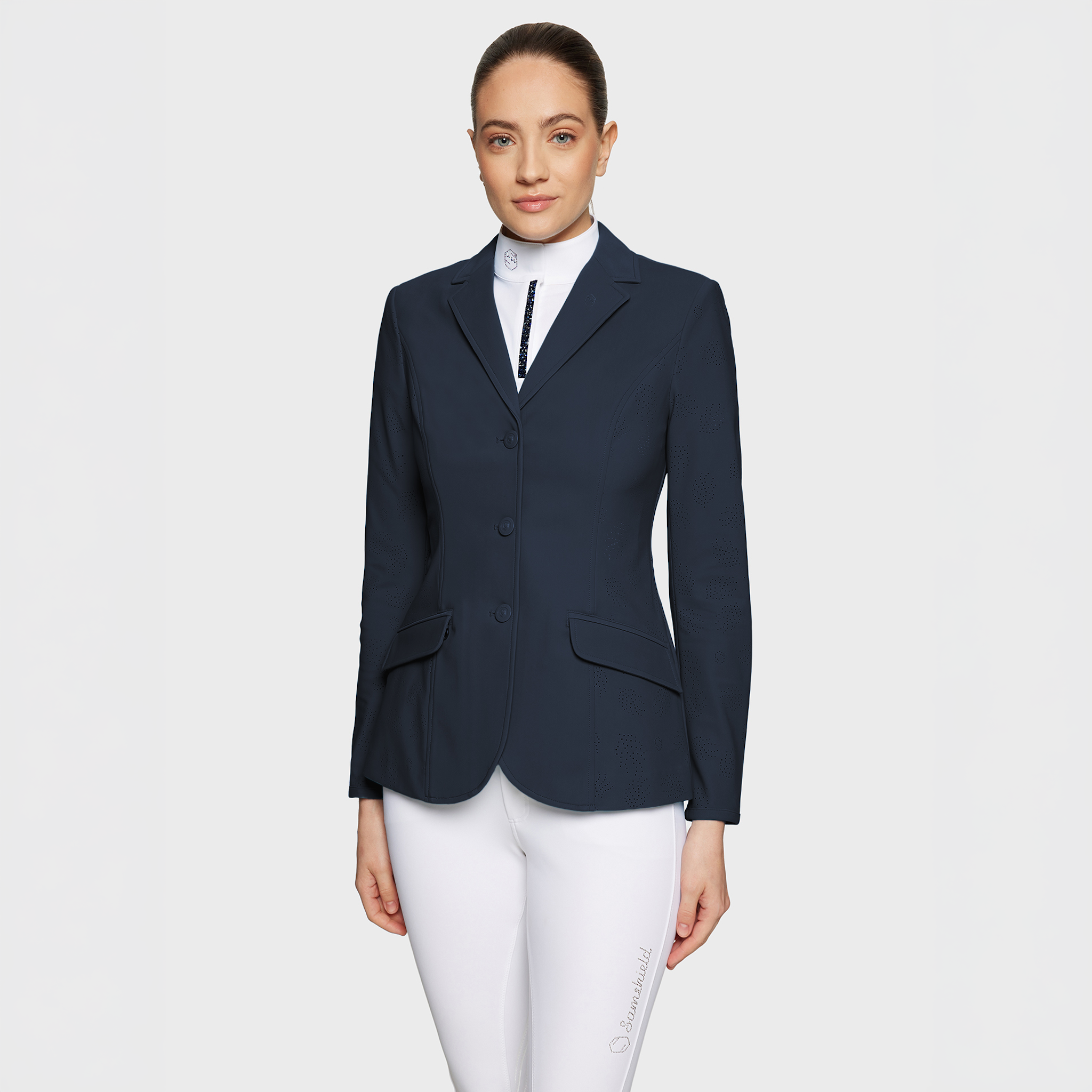 Samshield Ladies Alixair Leaf show jacket in navy, featuring a stylish design and tailored fit for equestrian competitions.