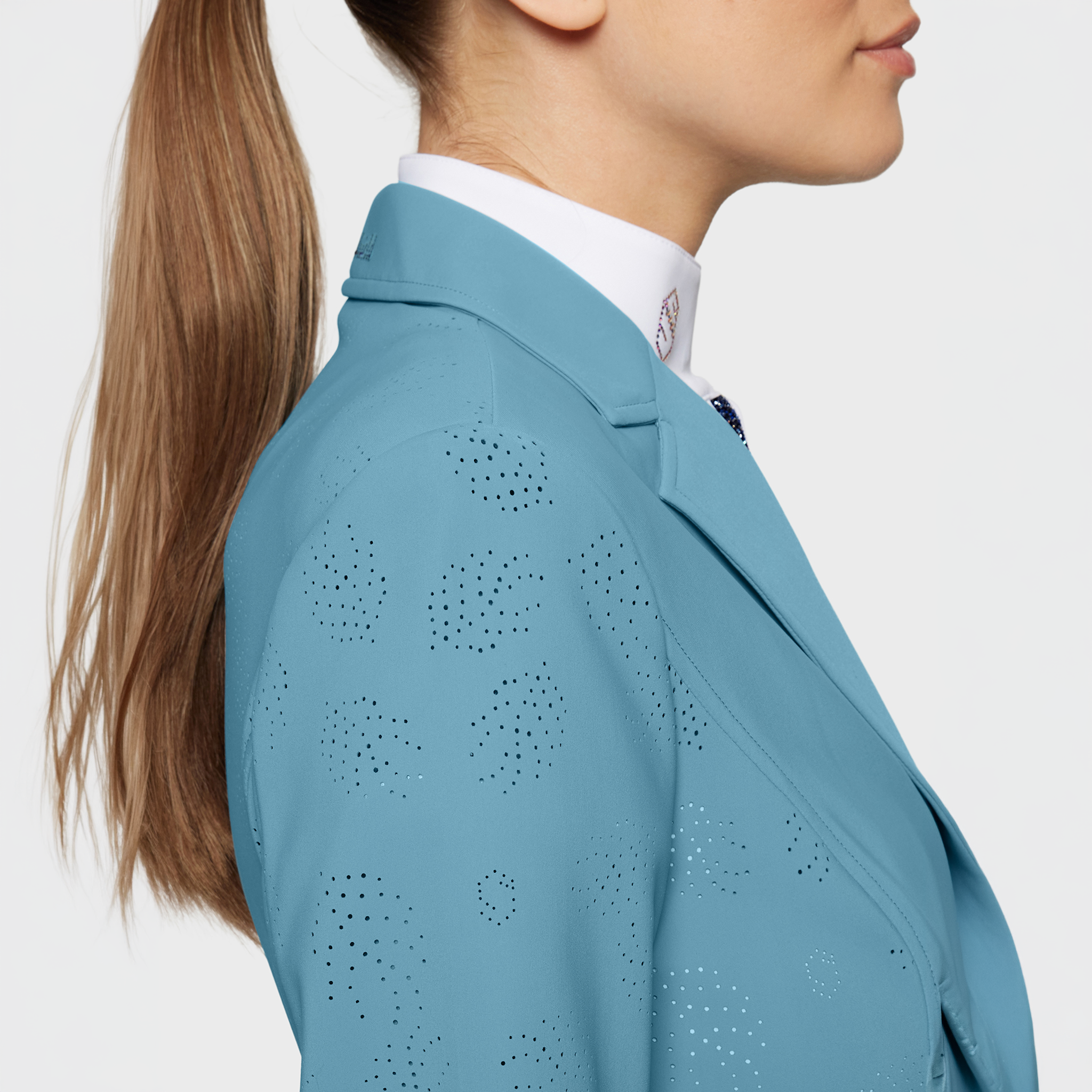 Samshield Ladies Alixair Leaf Show Jacket in Neptune color with detailed leaf embroidery, tailored for equestrian show competitions.