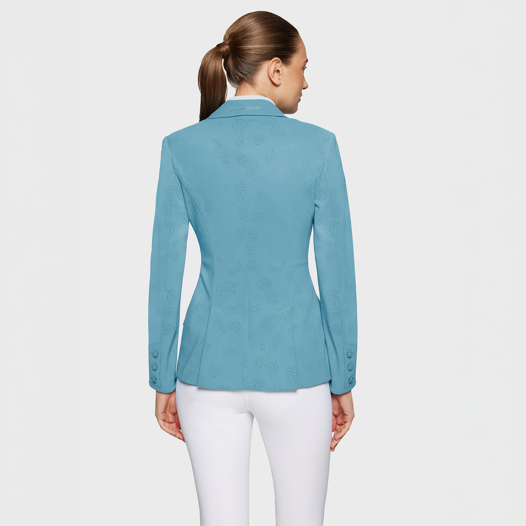 Samshield Ladies Alixair Leaf Show Jacket in navy blue, tailored fit with leaf embroidery details, perfect for equestrian competitions.