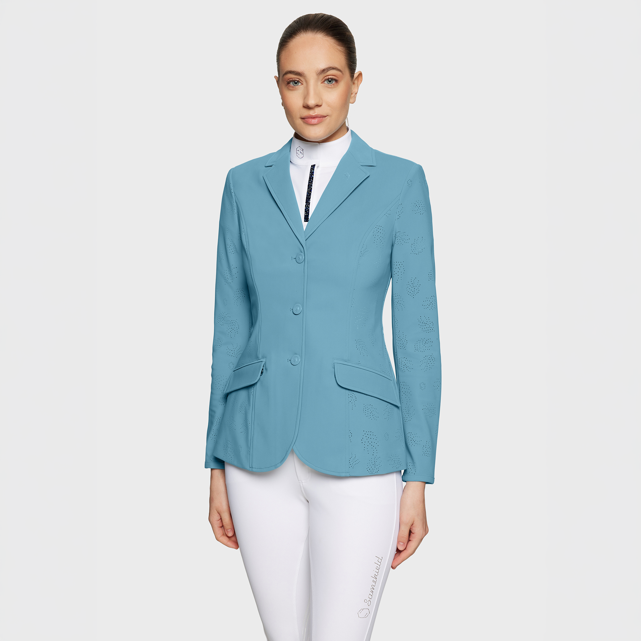 Samshield Ladies Alixair Leaf show jacket in navy with leaf embroidery, tailored fit, and stylish design for equestrian competitions.
