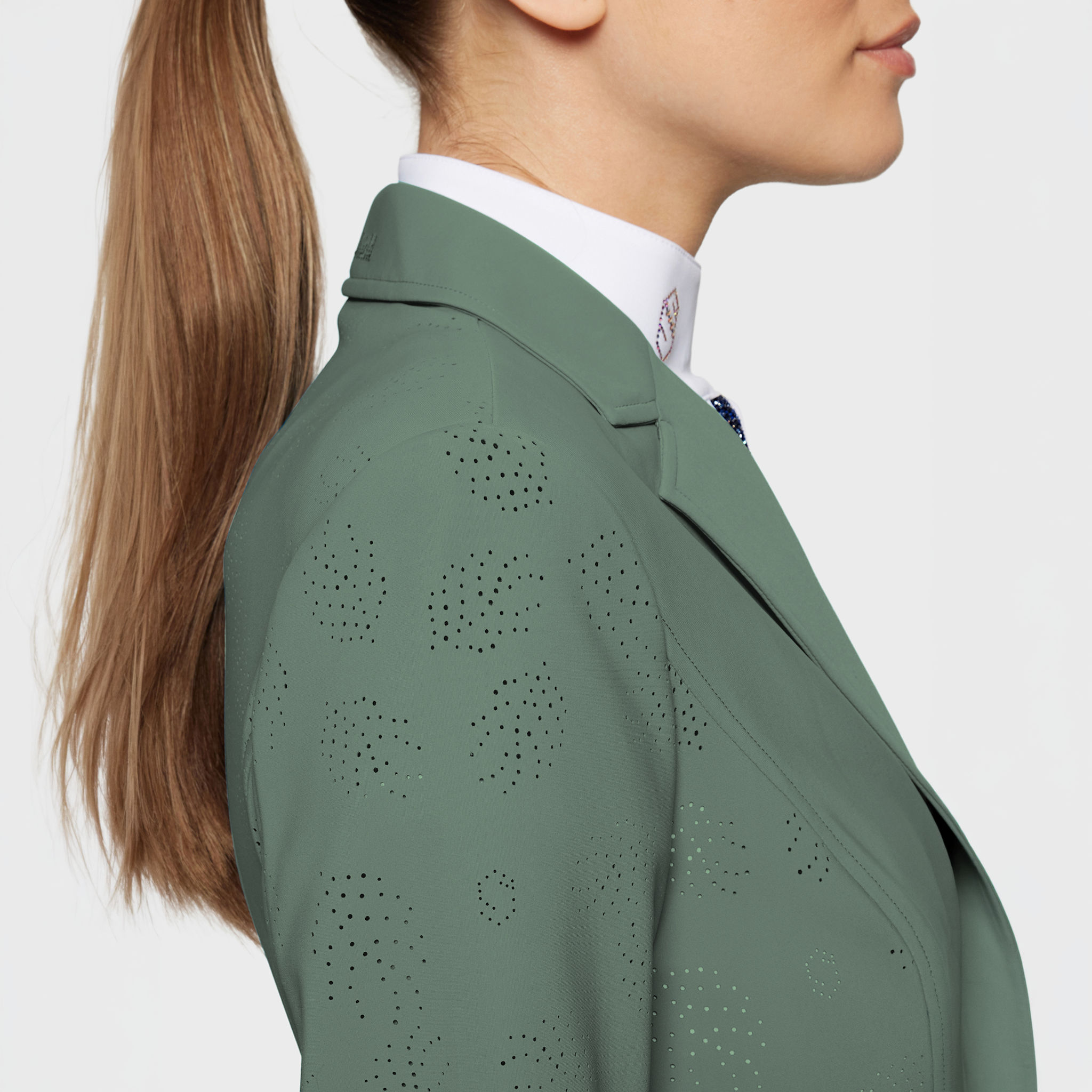 Samshield Ladies Alixair Leaf show jacket in pistachio with detailed leaf embroidery, lightweight and elegant for equestrian events.