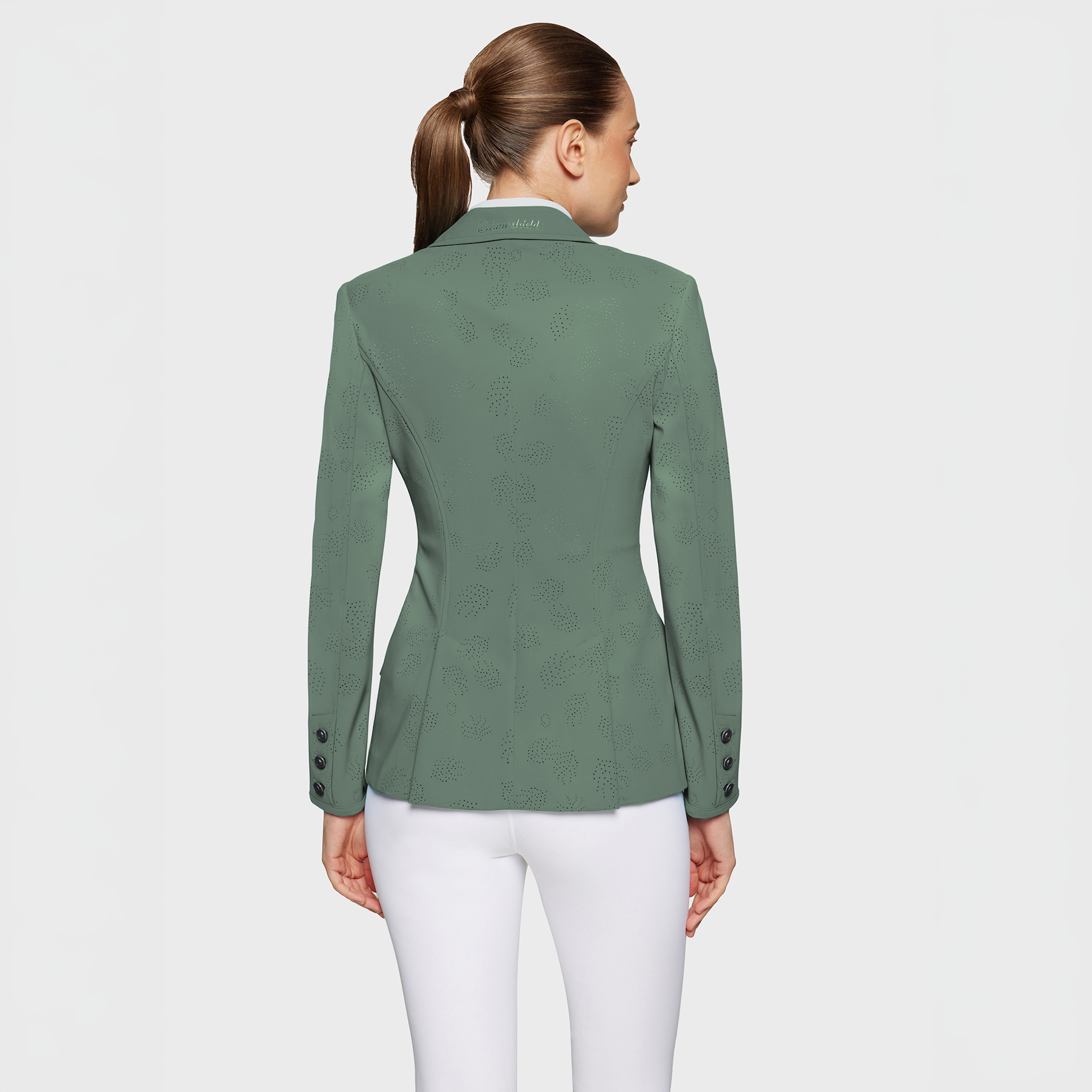 Samshield Ladies Alixair Leaf show jacket in pistachio with leaf embroidery, tailored fit for equestrian competition.