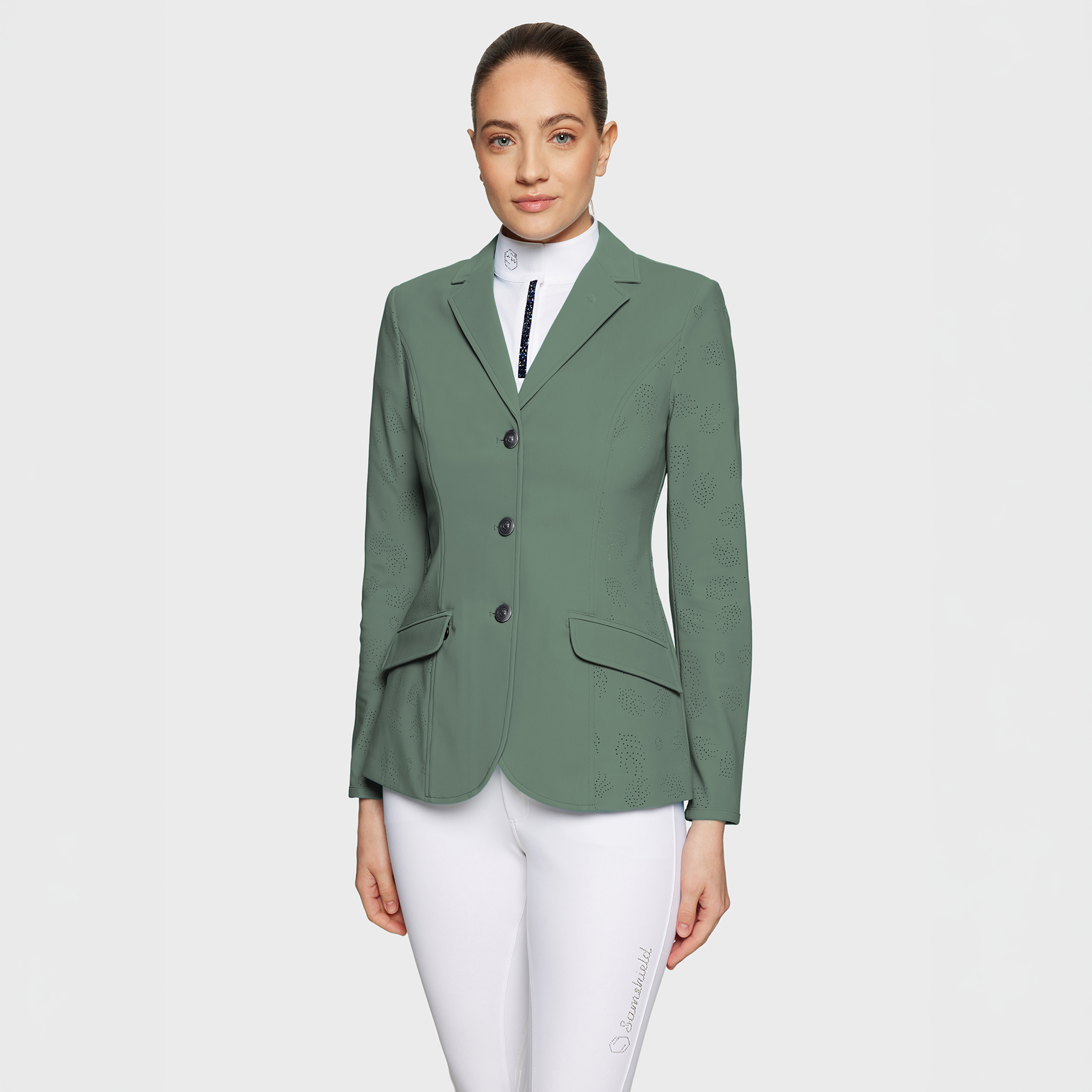 Samshield Ladies Alixair Leaf Show Jacket in pistachio, featuring elegant leaf embroidery and tailored fit for equestrian competitions.