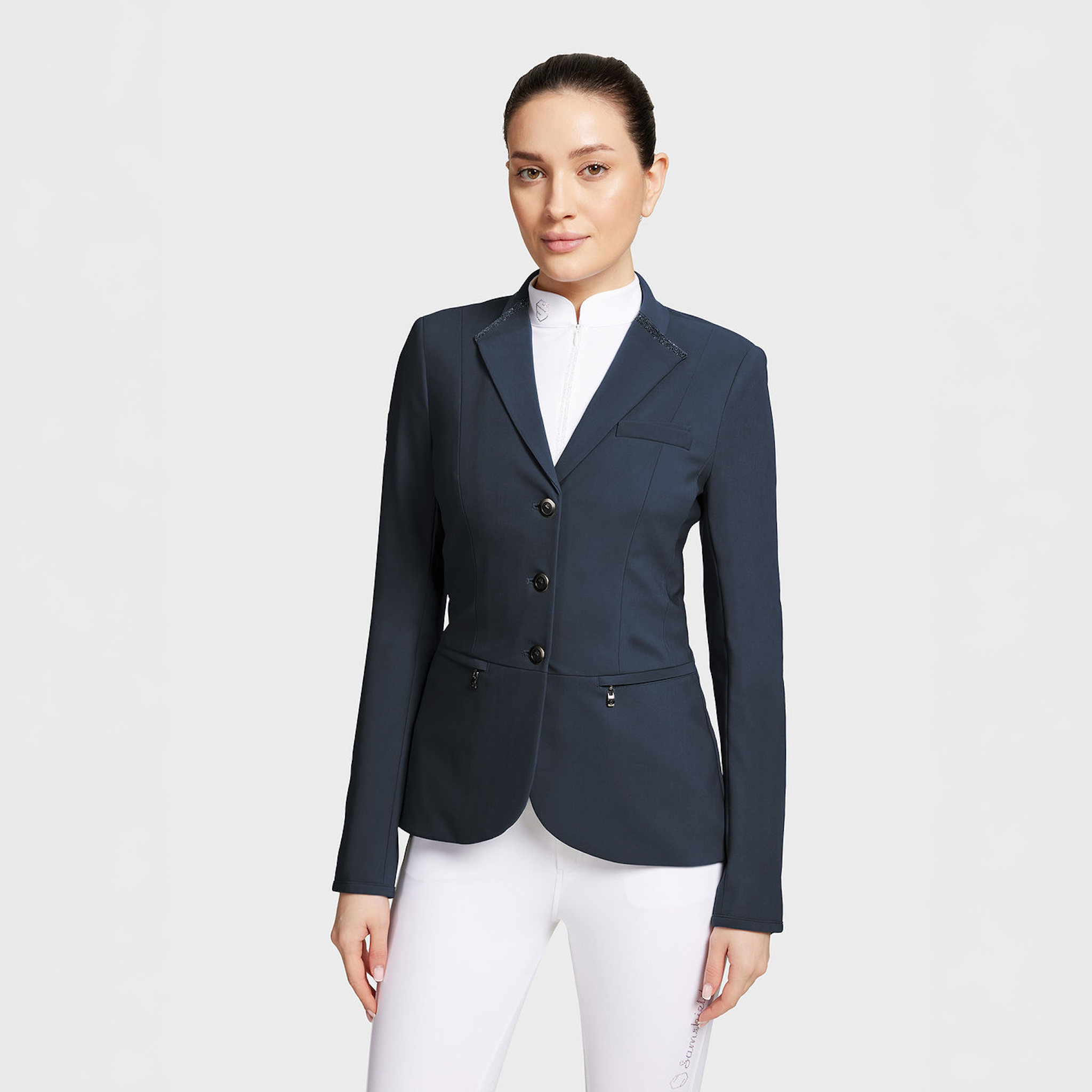 Navy Samshield Ladies Victorine Crystal Fabric Show Jacket with tailored fit and decorative crystal accents.