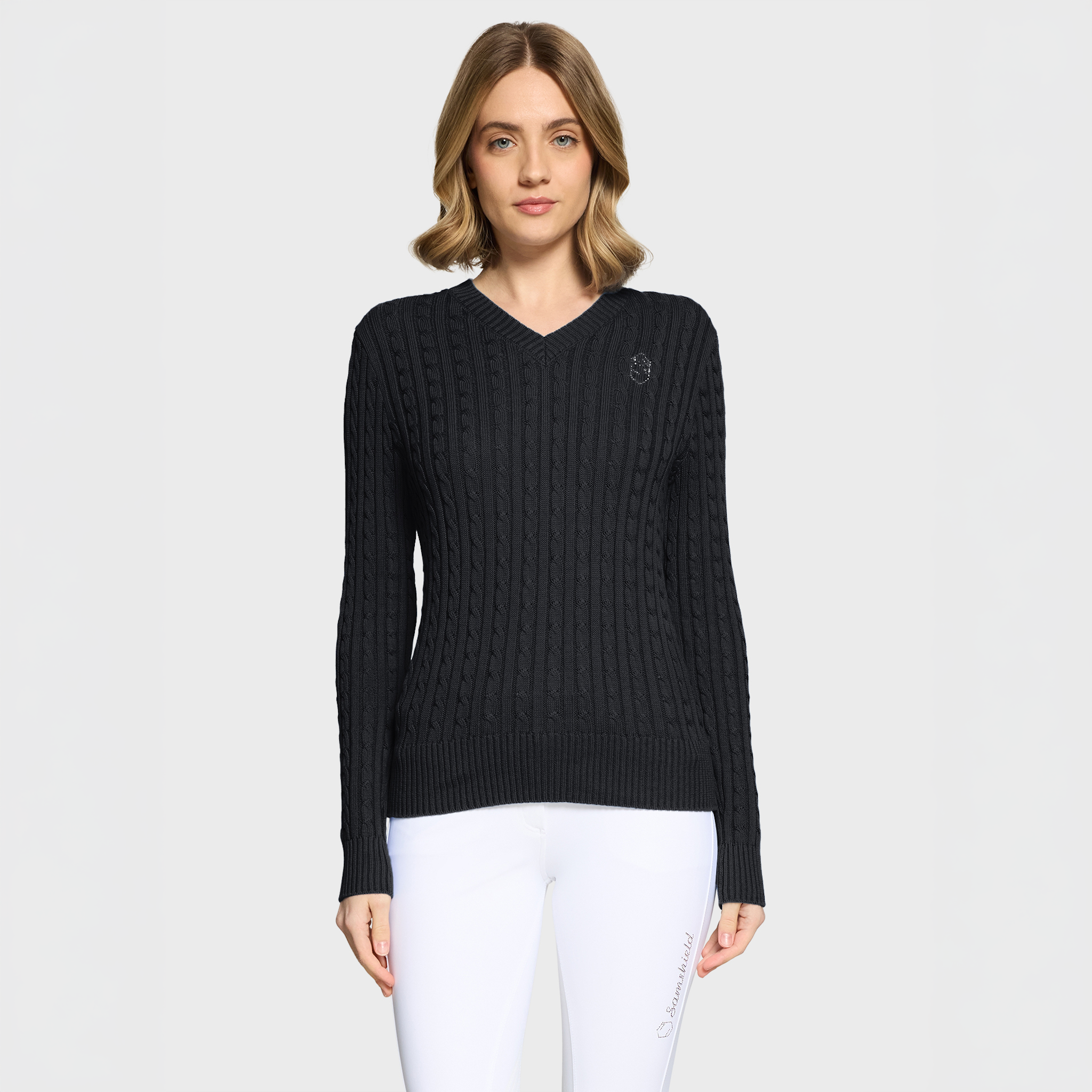 Black Samshield Ladies SS26 Lisa Twisted Sweater displayed from the front, featuring a stylish twisted knit design and casual fit.