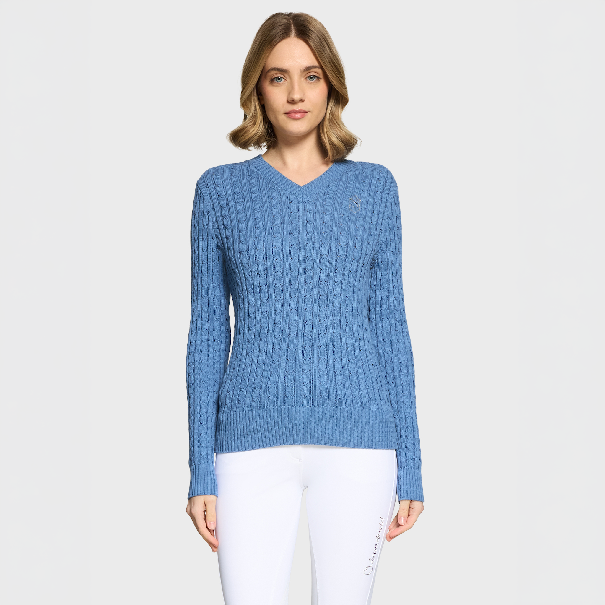 Samshield Ladies SS26 Lisa Twisted Sweater in dusty blue, front view showing a stylish casual jumper with twisted knit design.