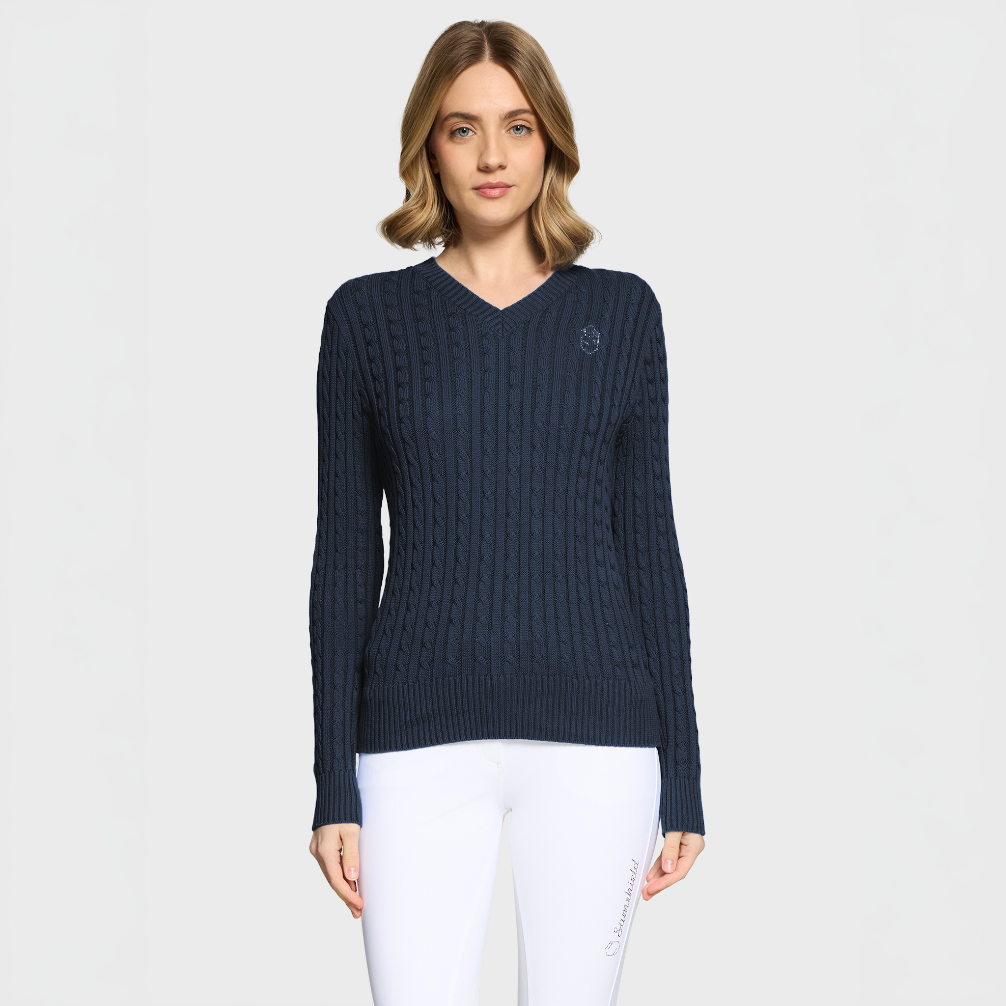 Samshield Ladies SS26 Lisa Twisted Sweater in dusty navy, front view, casual jumper with twisted design and cozy fit.