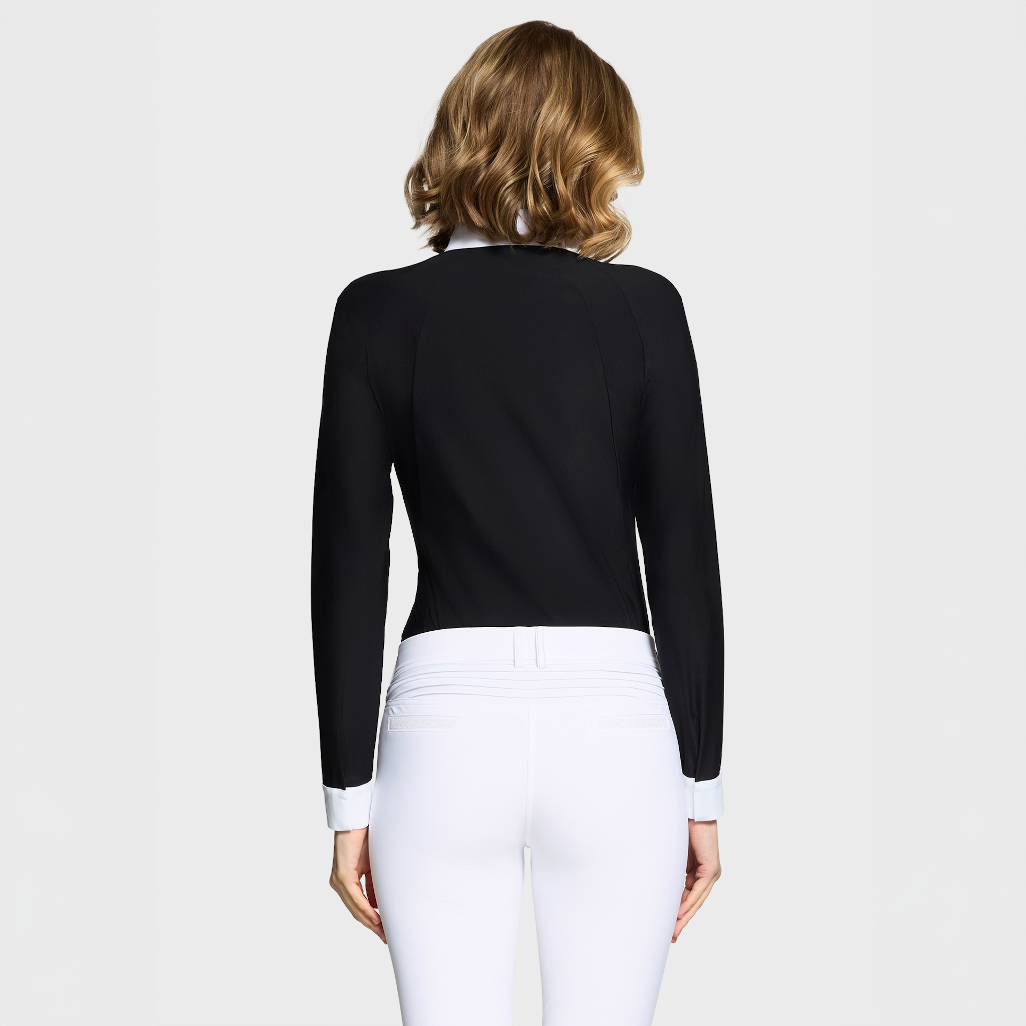 Samshield Ladies Eiden long sleeve show shirt in black, featuring a fitted design and subtle branding for equestrian competitions.
