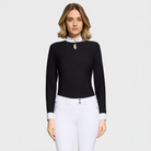 Samshield Ladies Eiden long sleeve show shirt in black, with a close-up of the fabric and tailored fit for equestrian performance.