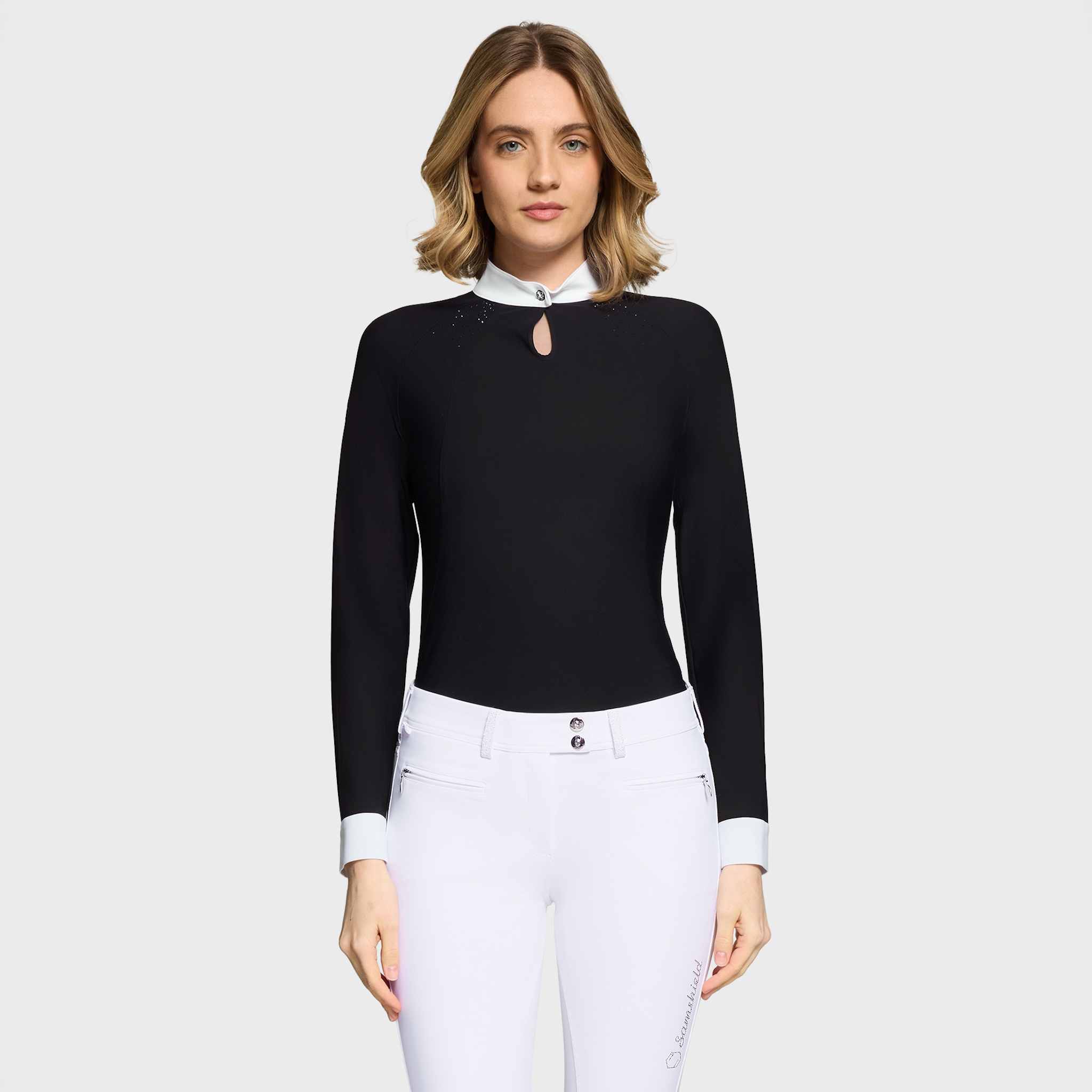 Samshield Ladies Eiden long sleeve show shirt in black, with a close-up of the fabric and tailored fit for equestrian performance.