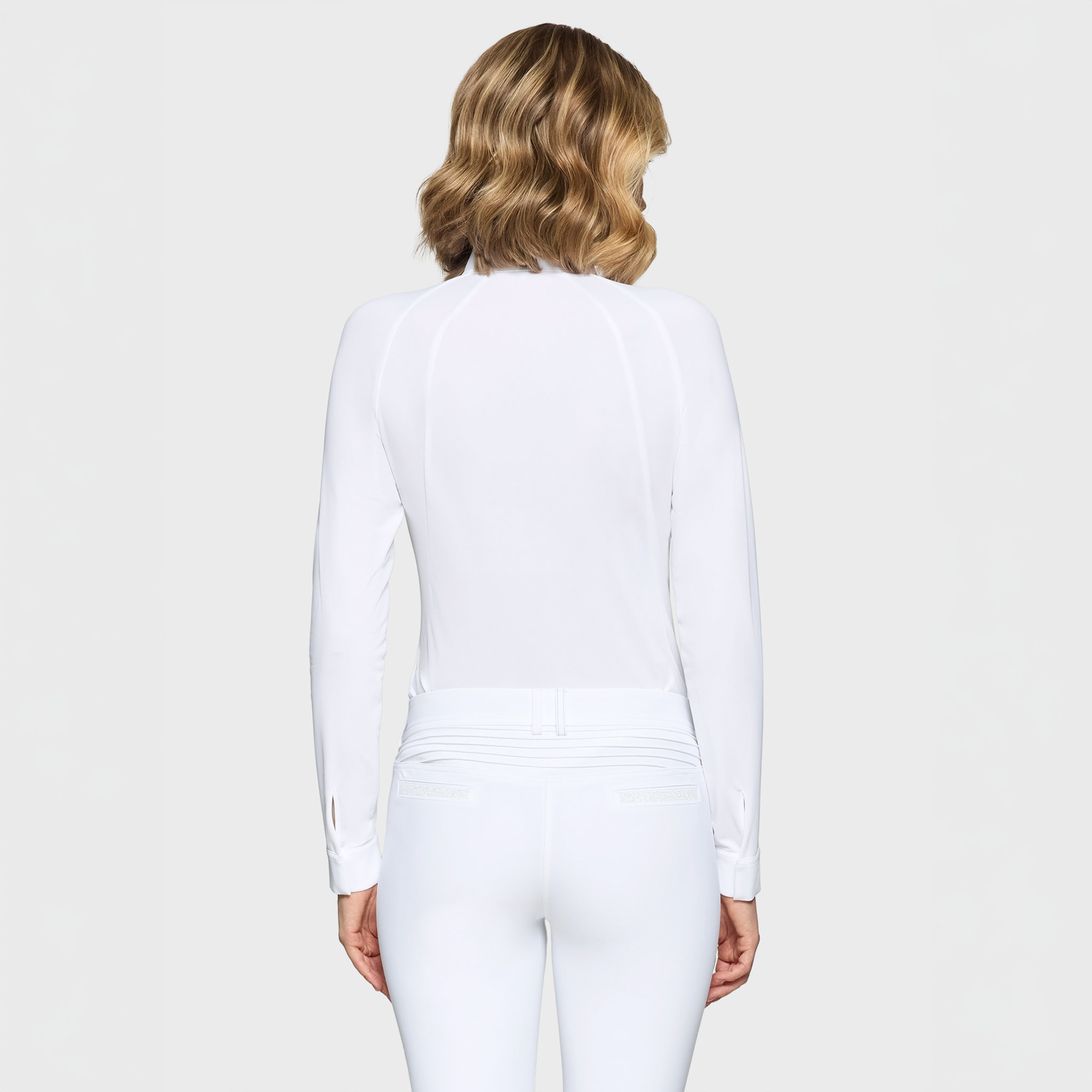 Samshield Ladies Eiden long sleeve show shirt in white, featuring a tailored fit and subtle branding for equestrian competitions.