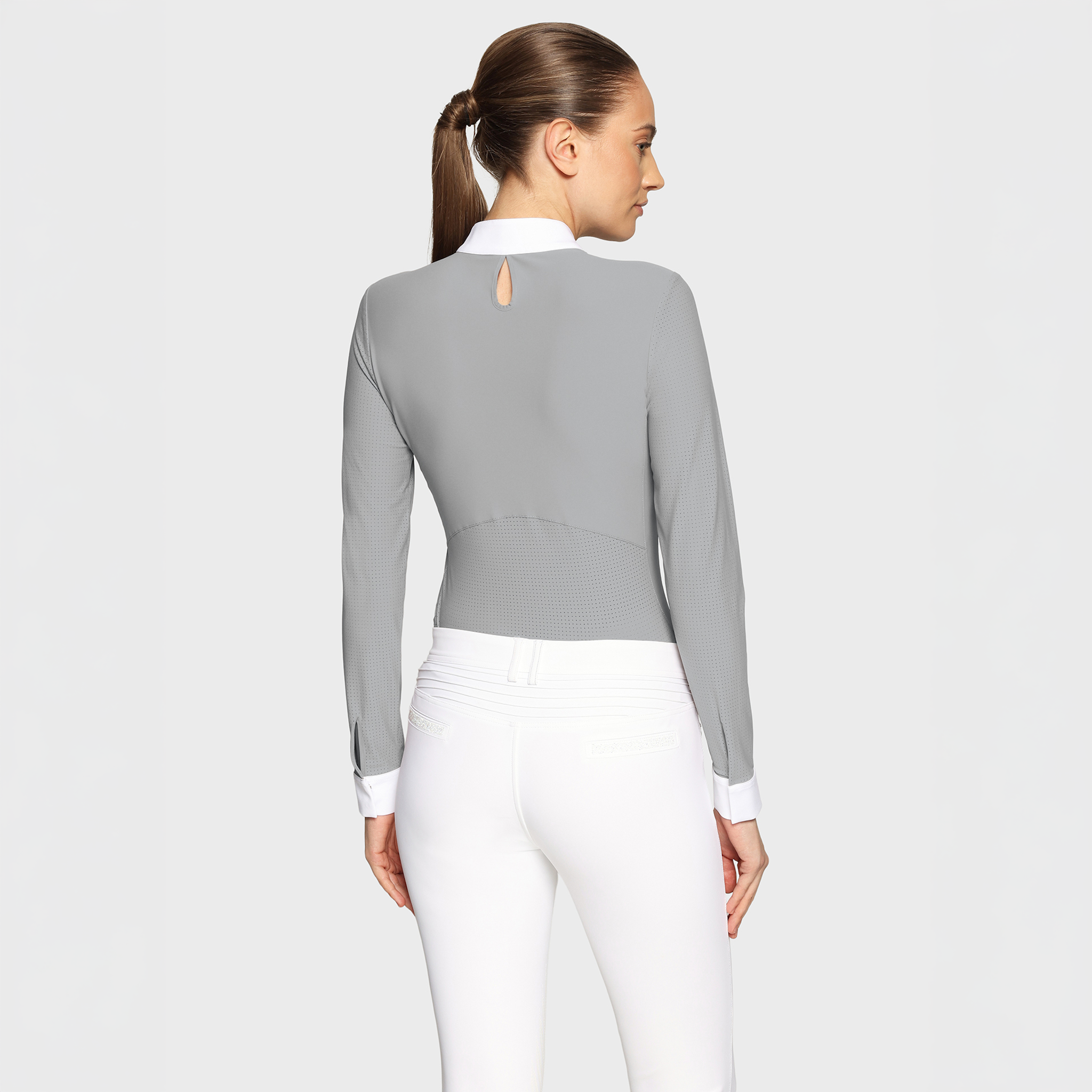 Samshield ladies long sleeve show shirt in light grey with subtle branding and a fitted, breathable design for equestrian events.