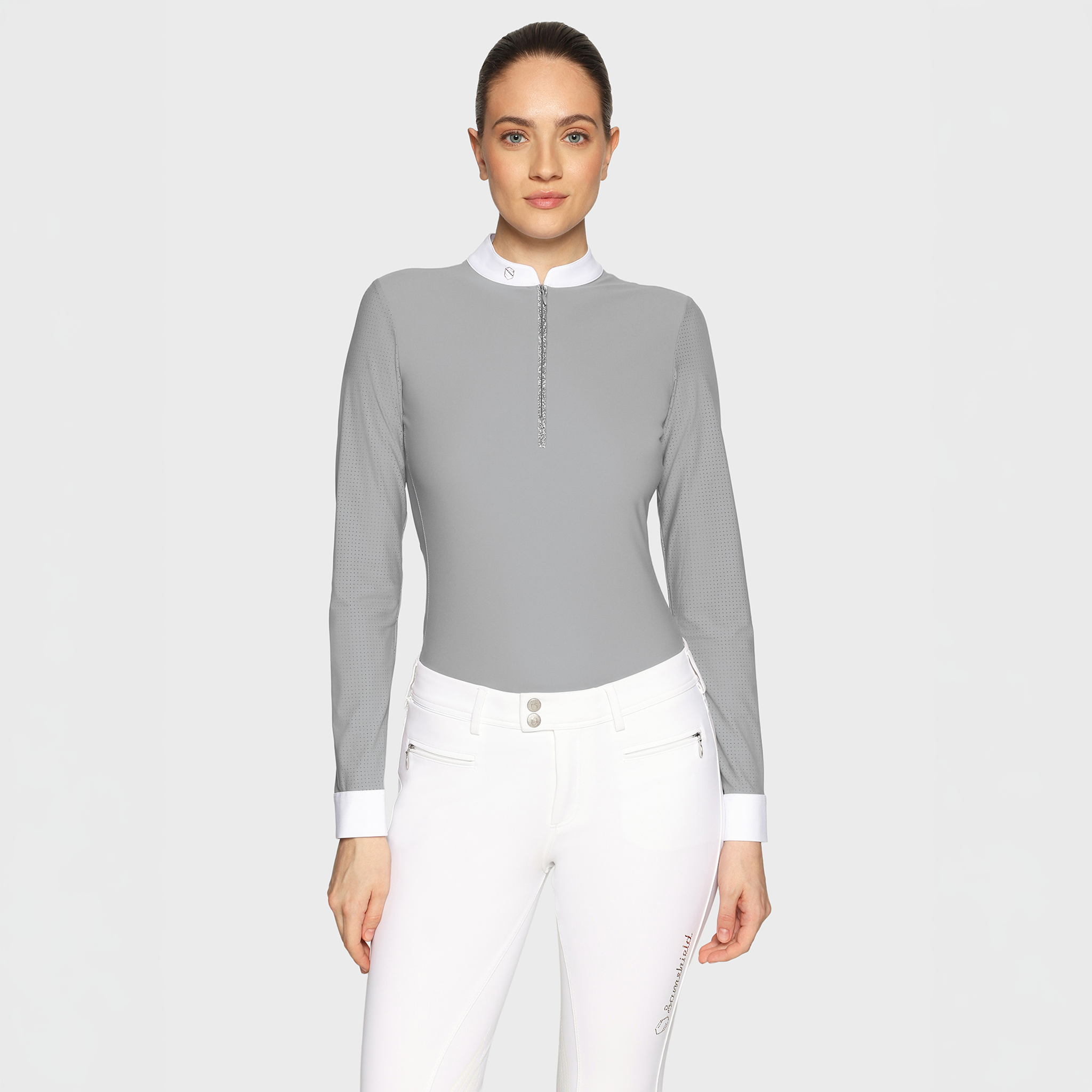 Samshield ladies long sleeve show shirt in light grey with subtle branding and tailored fit, designed for equestrian competition.