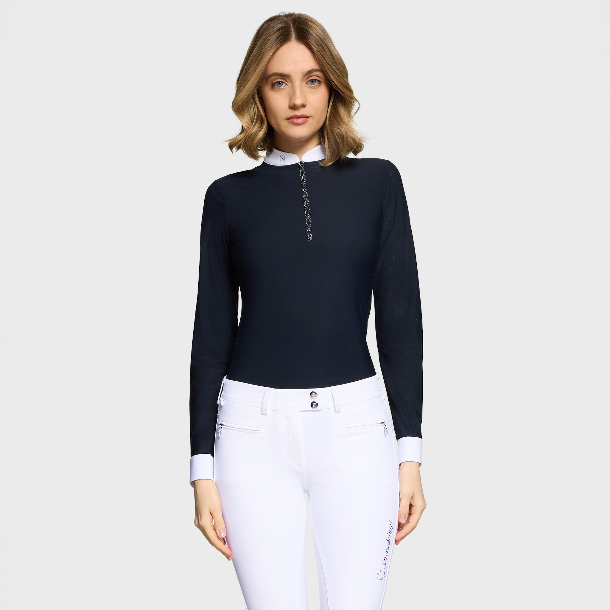 Samshield ladies long sleeve show shirt in navy with subtle logo and face detail, designed for equestrian competition.