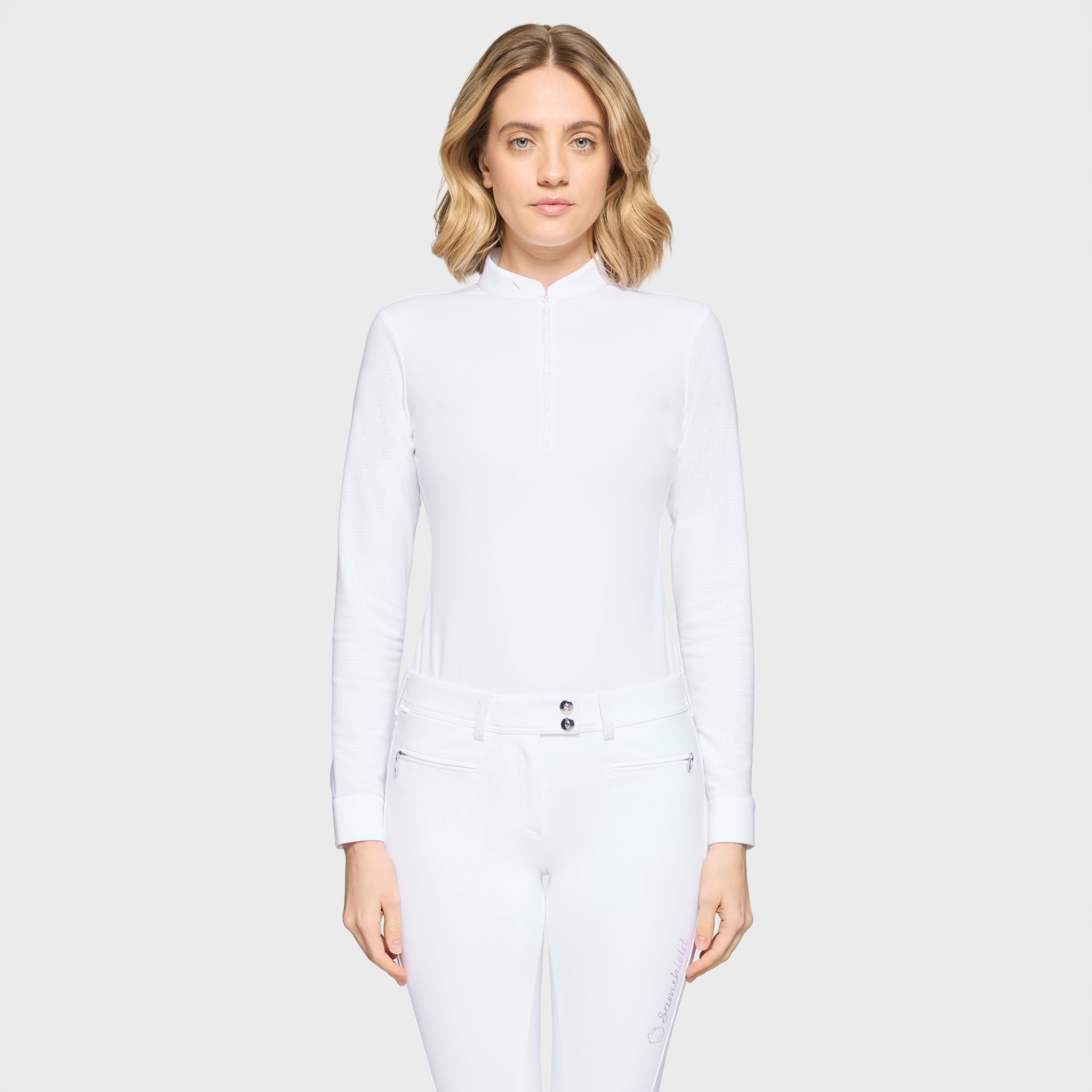Samshield Ladies Lou long sleeve show shirt in white, featuring a high collar and tailored fit for equestrian competition.