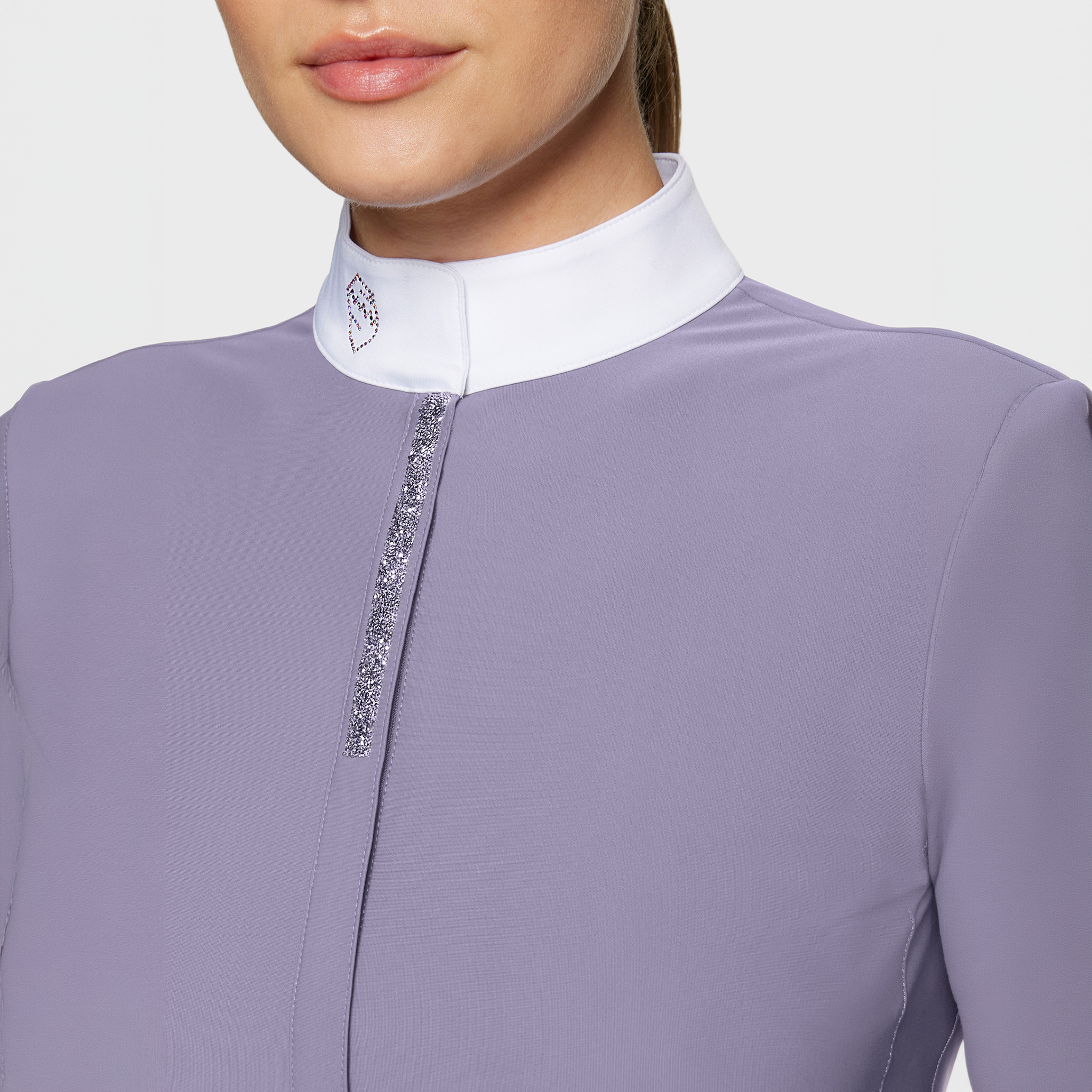 Samshield Ladies Roxanne premium long sleeve show shirt in lavender gray with detailed stitching and elegant fit.