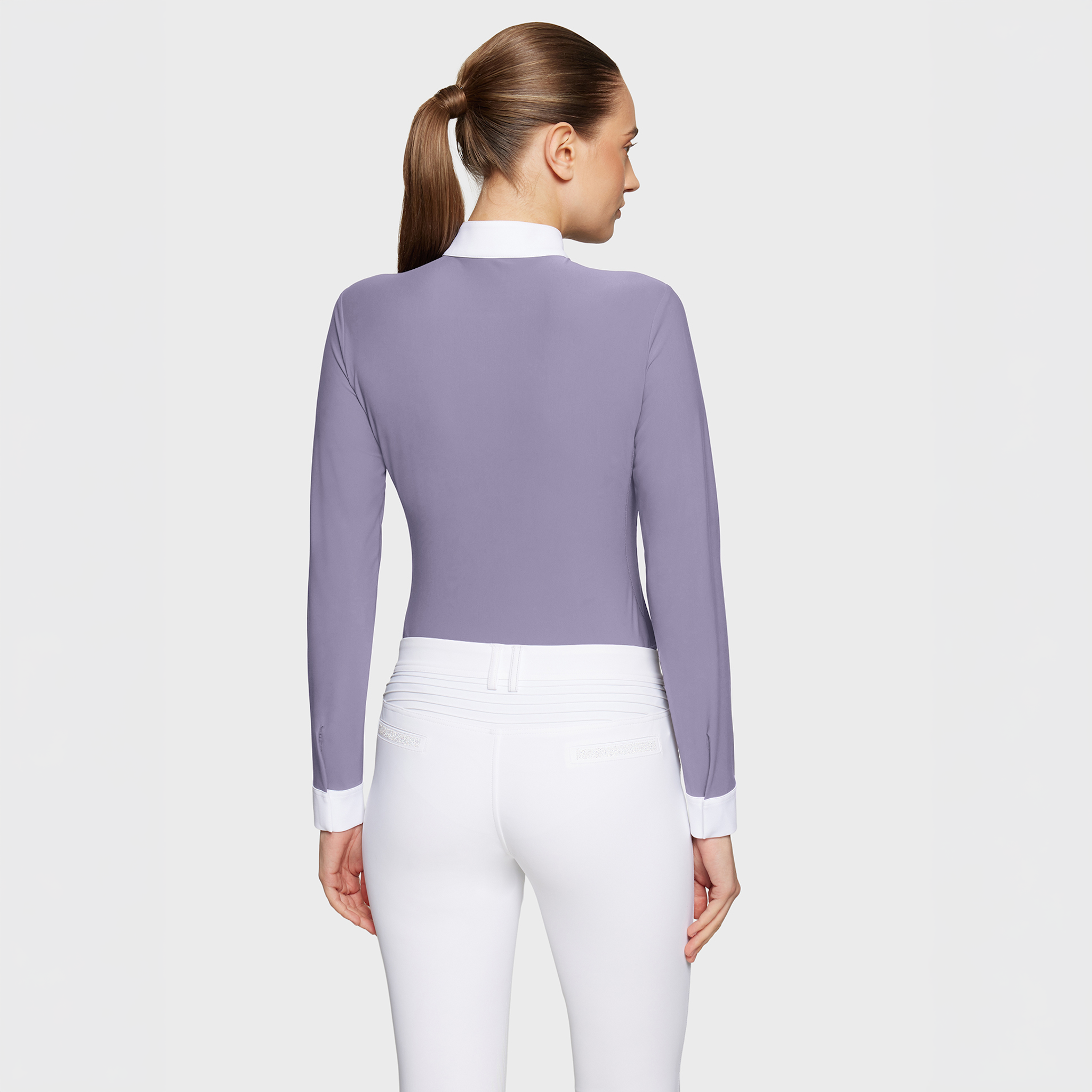 Samshield Ladies Roxanne premium long sleeve show shirt in lavender gray with subtle branding and tailored fit.