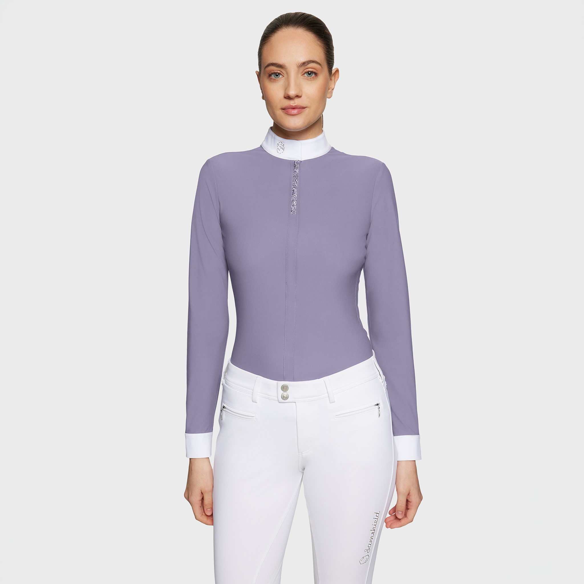 Samshield Ladies Roxanne premium long sleeve show shirt in lavender gray fabric with subtle branding and tailored fit.