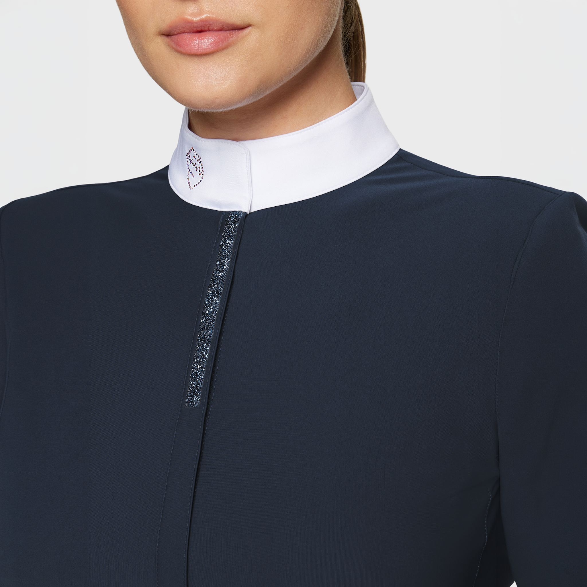 Samshield Ladies Roxanne premium long sleeve show shirt in navy with elegant detailing and tailored fit for equestrian competitions.