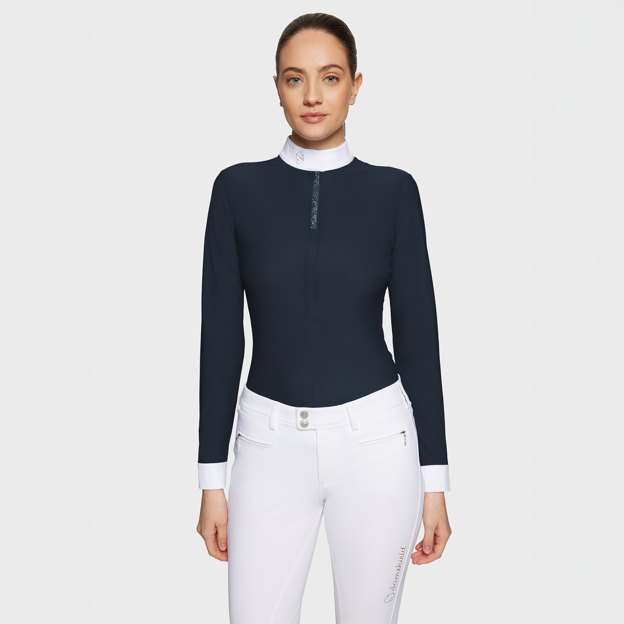 Samshield Ladies Roxanne Premium navy long sleeve show shirt with subtle branding and tailored fit for equestrian competition.