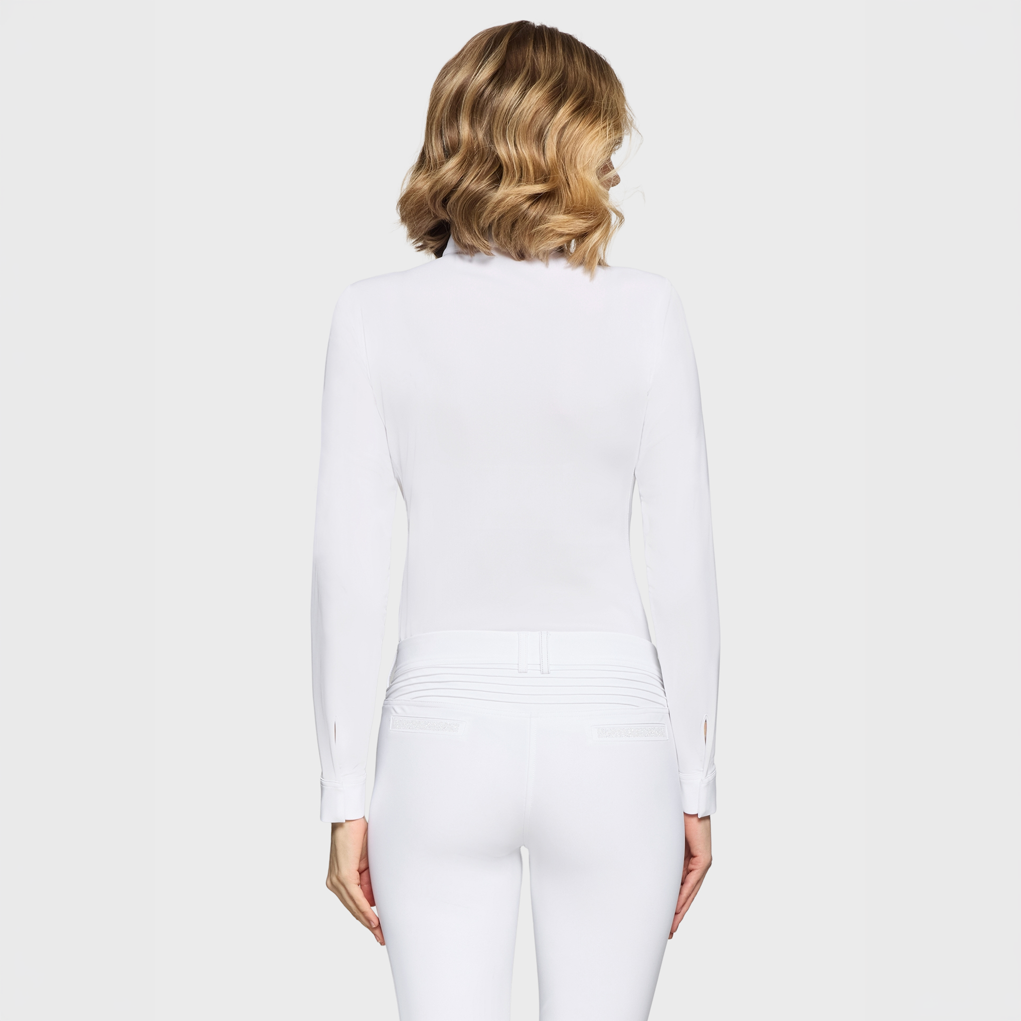 Samshield Ladies Roxanne Premium long sleeve show shirt in white with subtle logo details, designed for equestrian competition.