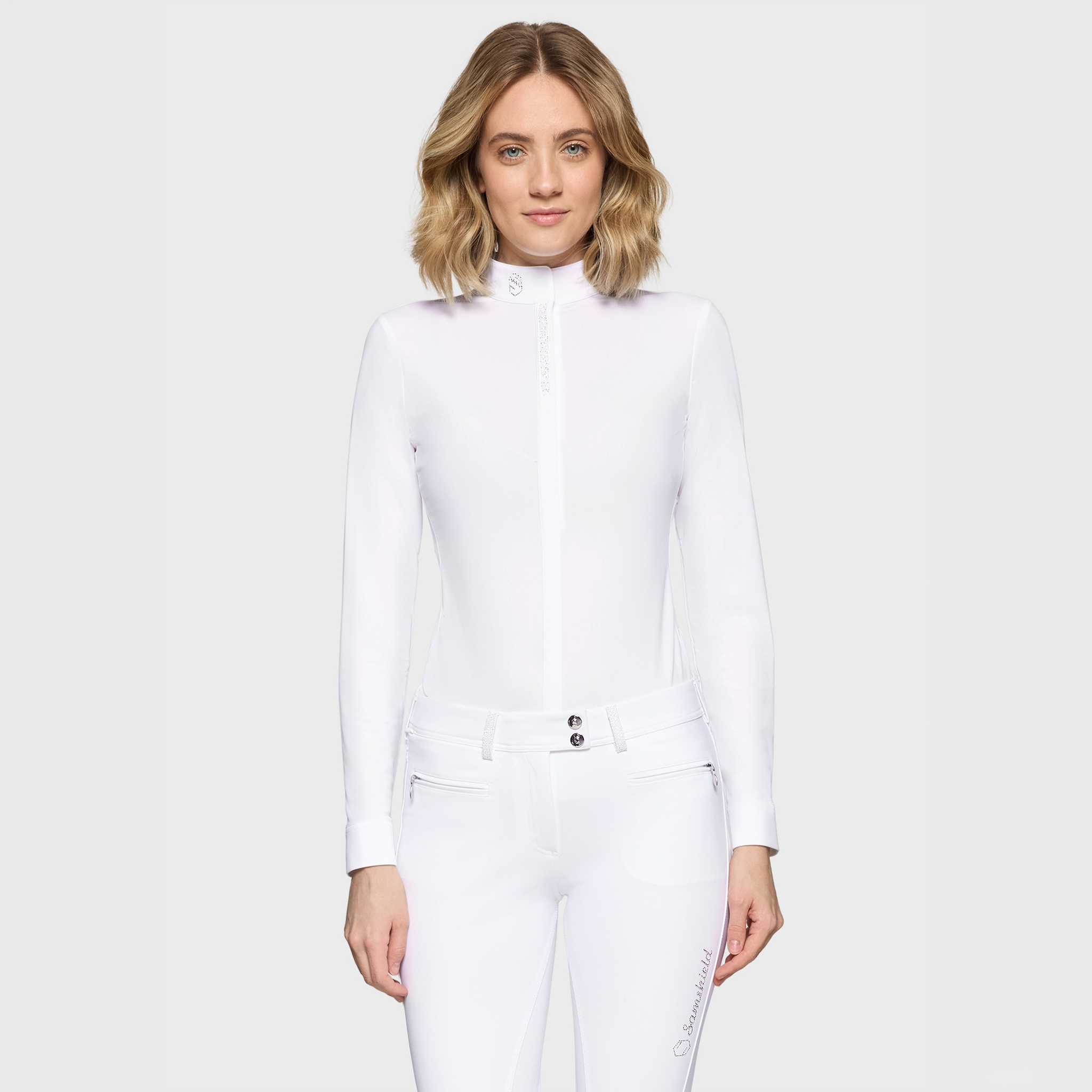 Samshield Ladies Roxanne Premium long sleeve show shirt in white, featuring a tailored fit and elegant design for equestrian events.