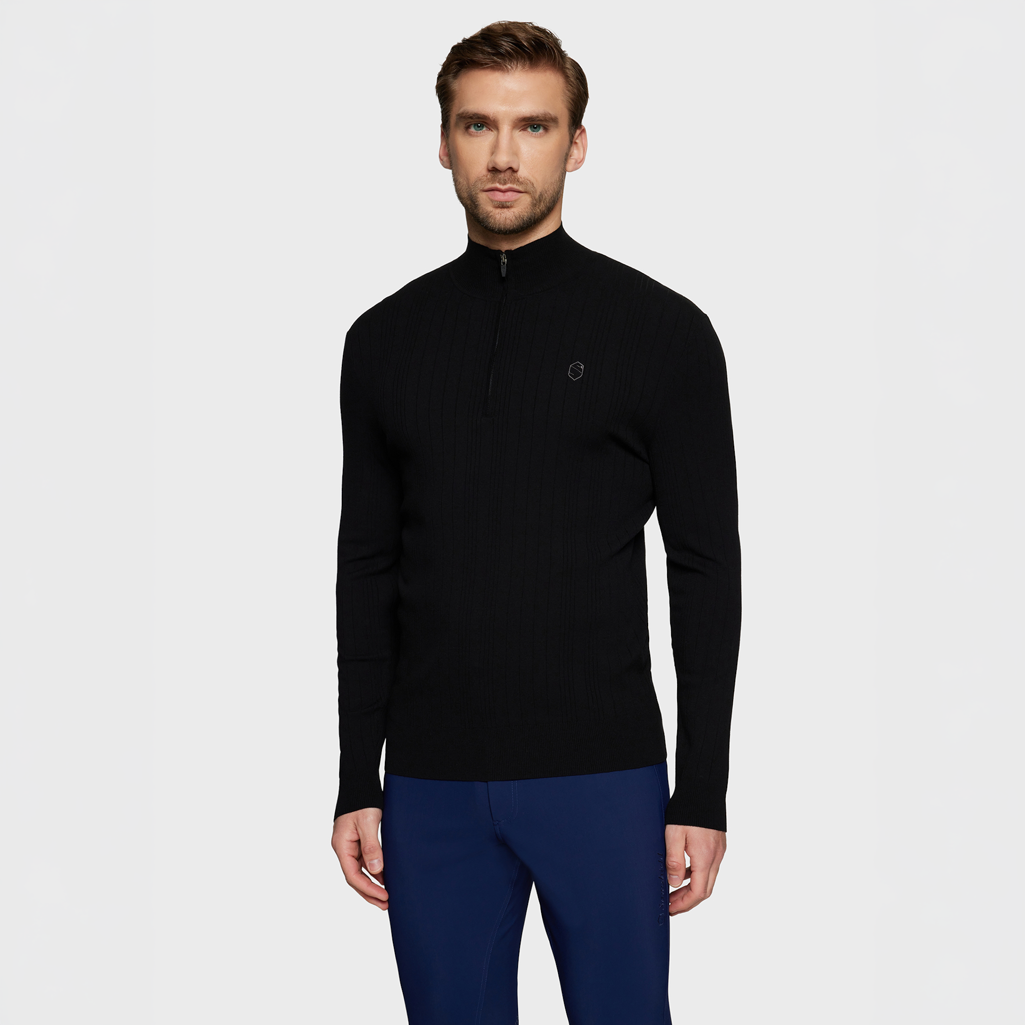 Samshield men's Elvyn black zip sweater, casual jumper with a high collar and front zipper, displayed on a plain background.