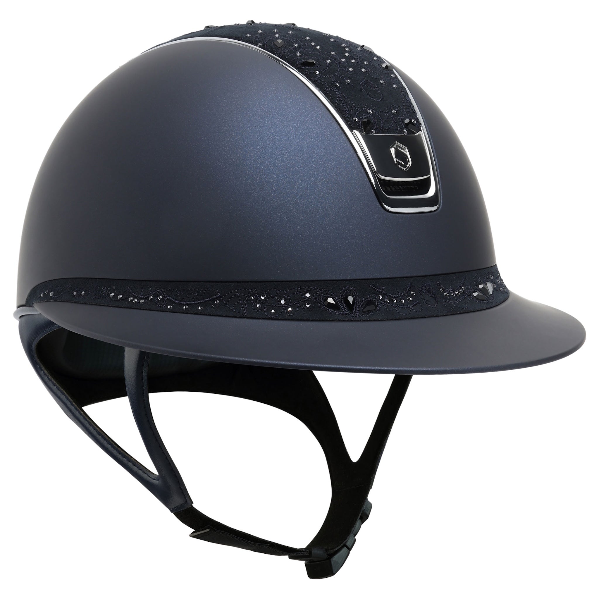 Samshield Miss Shield Shadowmatt 2.0 riding helmet with Crystal Bloom top, black chrome trim, and decorative front band in navy.
