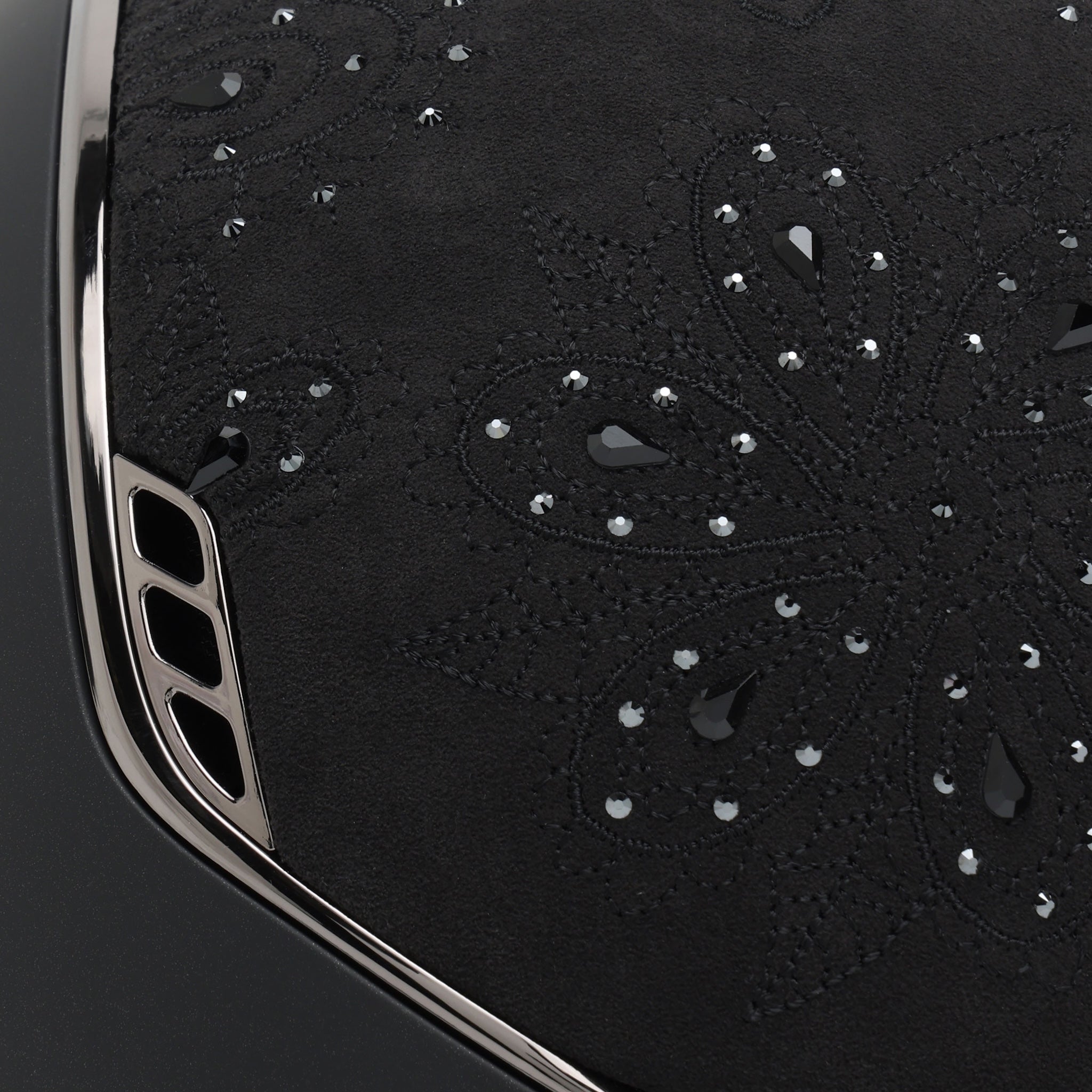 Samshield Miss Shield Shadowmatt 2.0 riding helmet with crystal bloom top, black chrome trim, and navy detailing.