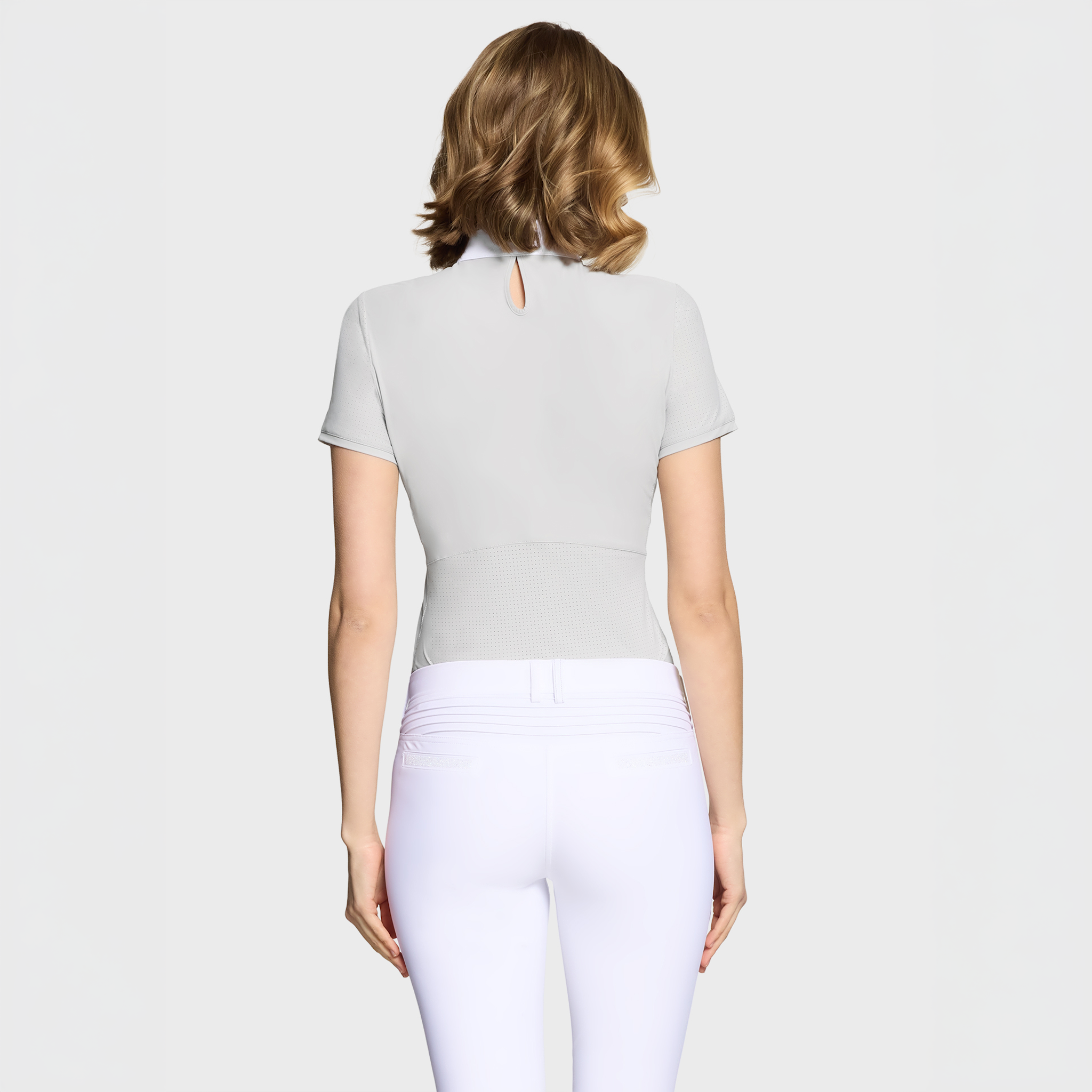 Samshield Ladies SS26 Aloise short sleeve show shirt in light grey, breathable fabric with a classic collar and subtle branding.