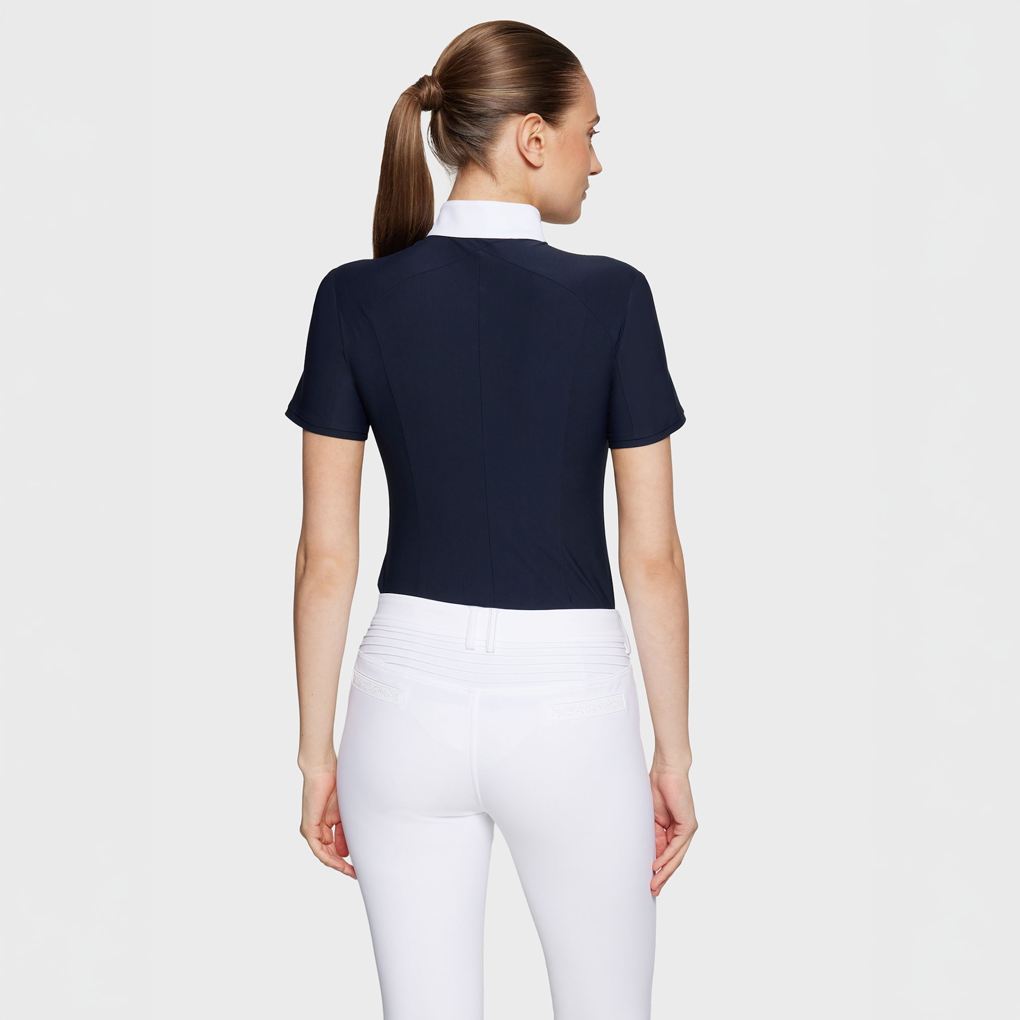 Samshield ladies short sleeve show shirt with navy fabric and metallic dot accents, designed for equestrian competition.