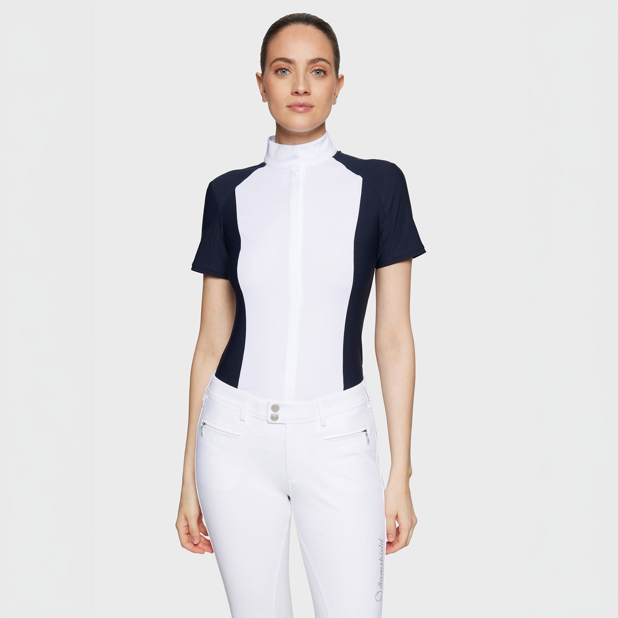Samshield Ladies Gretta short sleeve show shirt with metal dot details in navy, featuring a classic collar and button front.