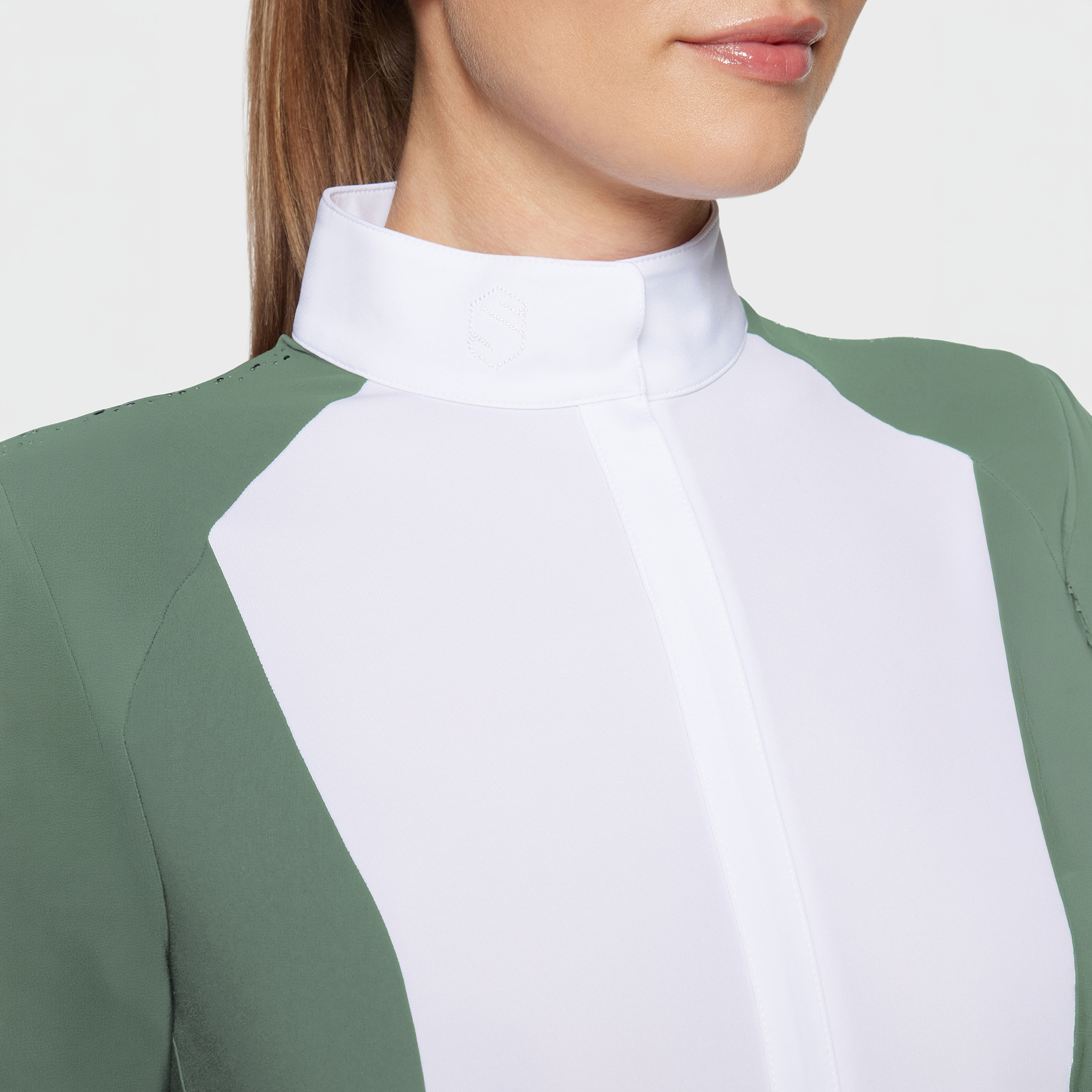 Samshield ladies short sleeve show shirt with metallic dot details in pistaccio color, designed for equestrian performance and style.