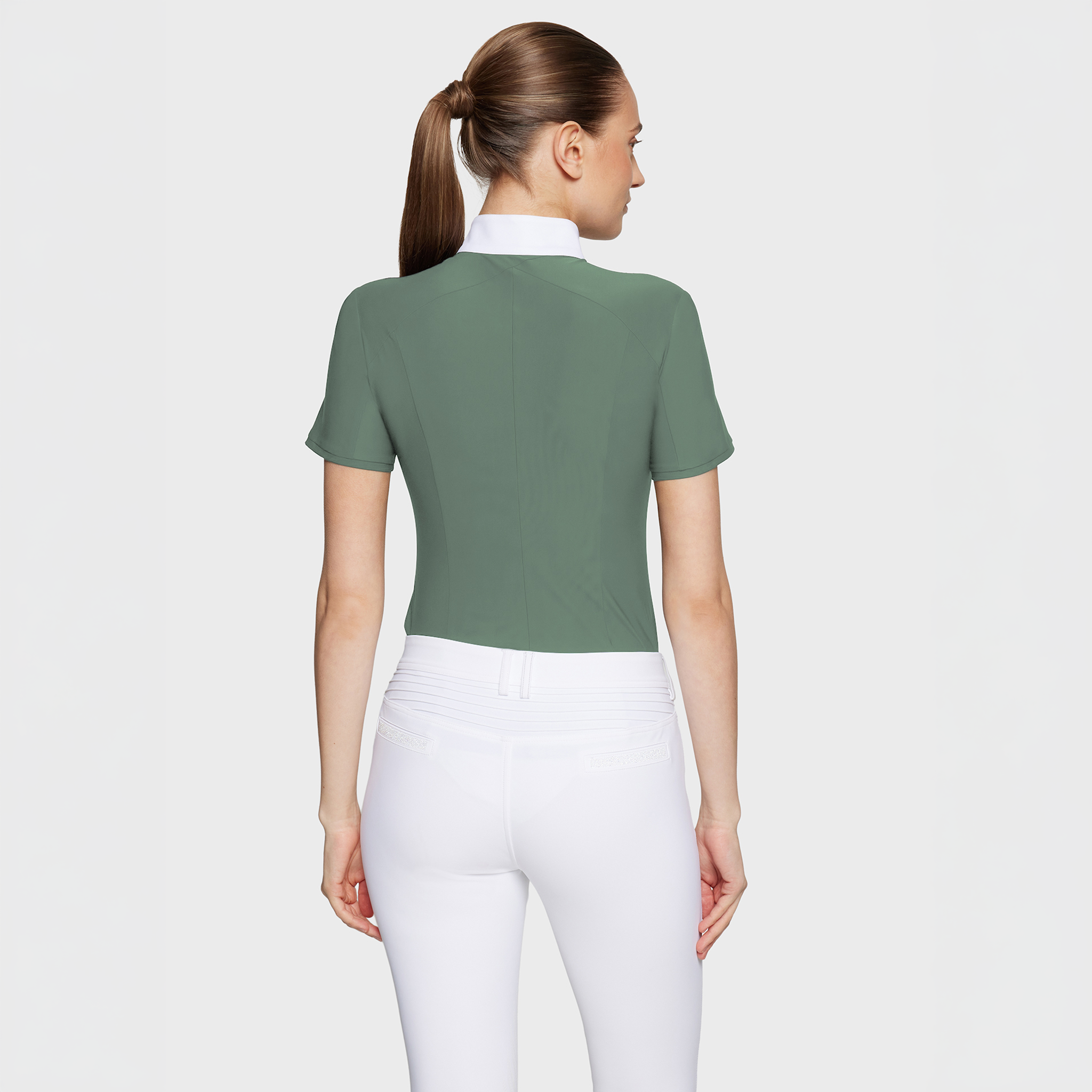 Samshield Ladies Gretta short sleeve show shirt with metal dot details in pistachio, lightweight and breathable for equestrian events.